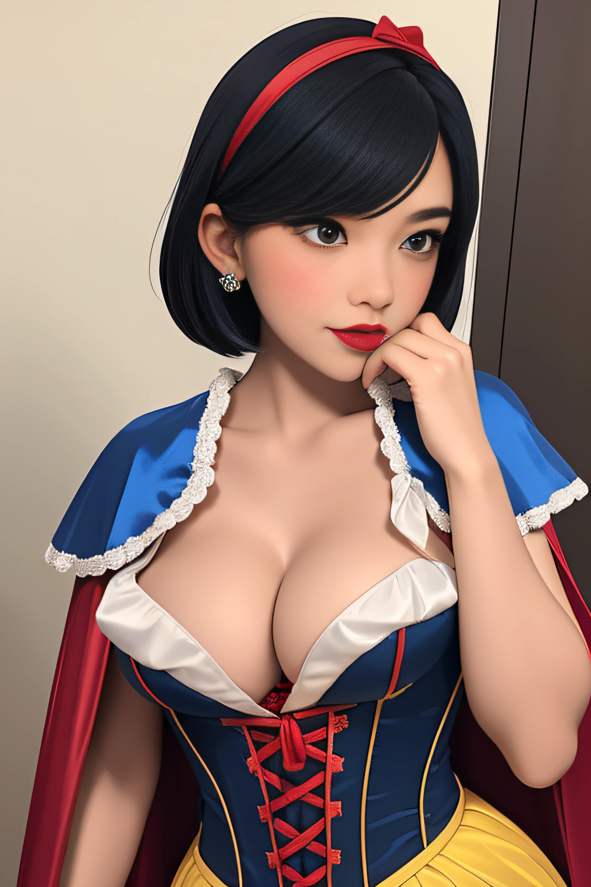 Beautiful Korean 18 year old woman, wearing snow white , blue silk corset, red silk cape, yellow silk pleated skater skirt, , black short  bob hair, red hairband,   , masterpiece, photorealistic, amazing detailed face, amazingly detailed skin, boots,