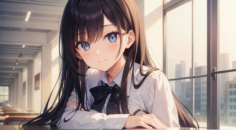 Eki Kawahara, long hair, black hair, ahoge, blue eyes, small breast, medium skirt, formal clothes, smiling, standing,
BREAK looking at viewer,
BREAK indoors, school canteen,
BREAK (masterpiece:1.2), best quality, high resolution, unity 8k wallpaper, (illustration:0.8), (beautiful detailed eyes:1.6), extremely detailed face, perfect lighting, extremely detailed CG, (perfect hands, perfect anatomy),