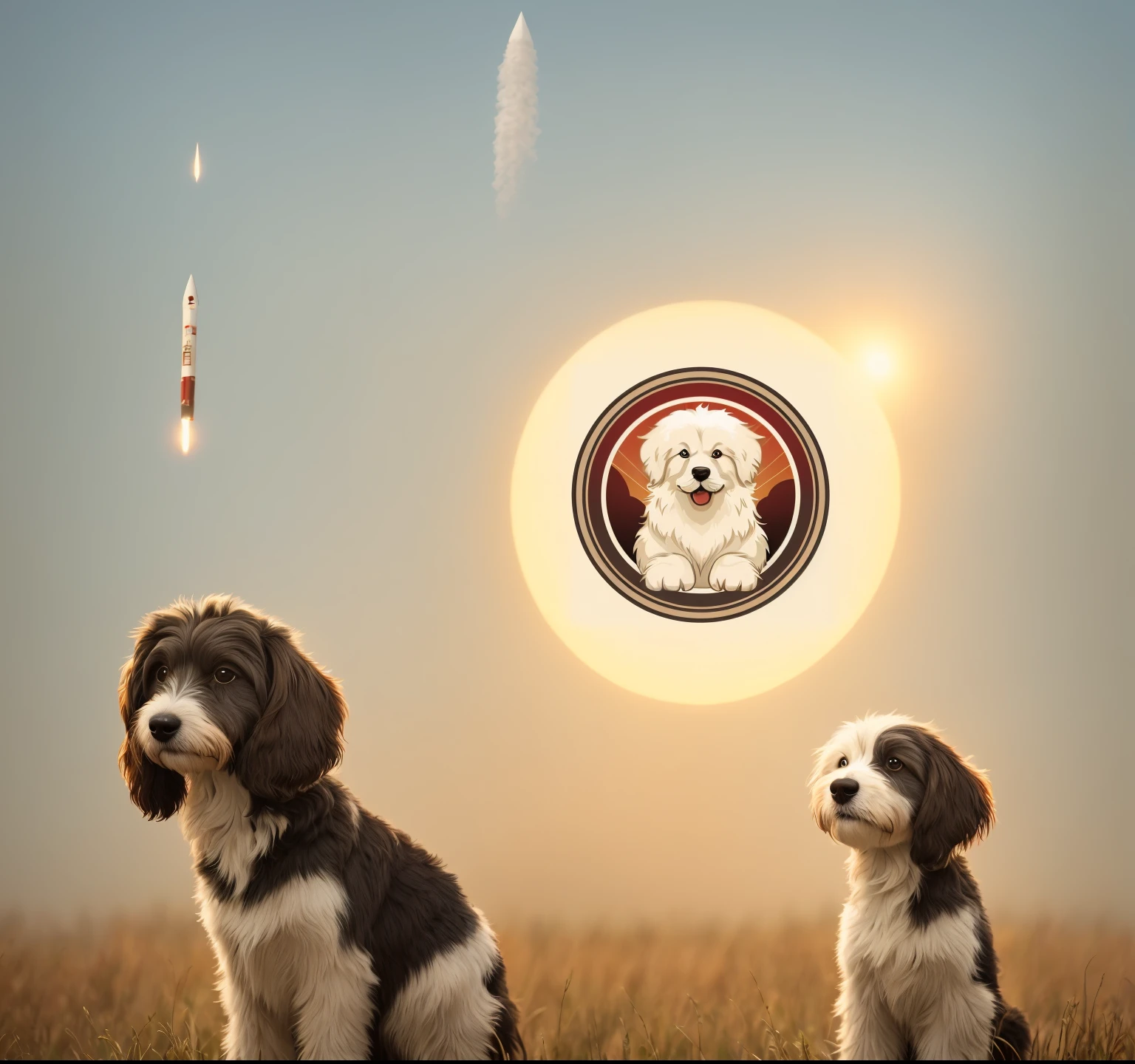 A dog in a circle，Close-up of the sun in the background, Havanese dog, pet animal, Cute dog, a dog, author：·Gijemski, Next to it  a rocket，rocket to the moon