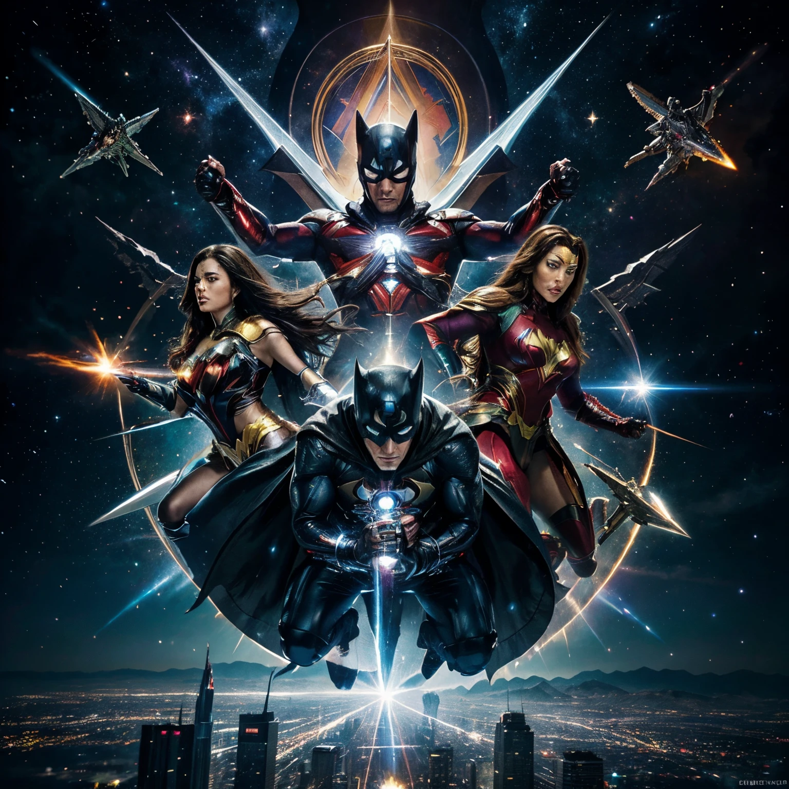 ! Picture the multiverse as a cosmic tapestry, with overlapping dimensions and realities forming a breathtaking backdrop. At the center, Superman and Captain America lead a gathering of heroes from both Marvel and DC, flanked by Wonder Woman wielding her lasso, Spider-Man poised mid-swing, Iron Man's suit gleaming, and Batman surveying the multiverse from atop a gargoyle.

The scene extends to reveal Doctor Strange casting spells alongside Zatanna, while the Flash dashes through portals with Quicksilver. Guardians of the Galaxy's spaceship hovers near the Watchtower as the Batmobile and the Quinjet stand side by side. In the skies, the Phoenix Force and the power of the Infinity Gauntlet clash, creating a celestial spectacle while alternate versions of heroes and villains from various universes fill the surroundings, culminating in an epic, detailed collage of interwoven superhero narratives across infinite worlds.