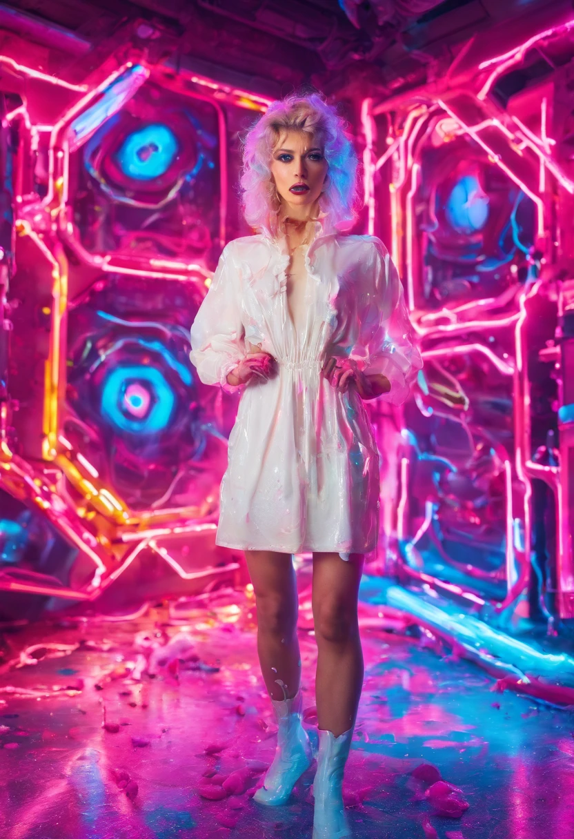 Full body Rick Santos milk dress photography, stunning centered face portrait, looking stright to viewer portrait of beautiful woman in liquid milk dress and accessories, dress made of milk splashes, milk splashes, milk in hairs, leaking milk, liquid, liquid hair, waist, hips, extreme textures and details, milk splashes background, 64K, cinematic photography, vivid magical colors, very fast shutter photography, detailed eyes, white milk, opened eyes, milk explosion