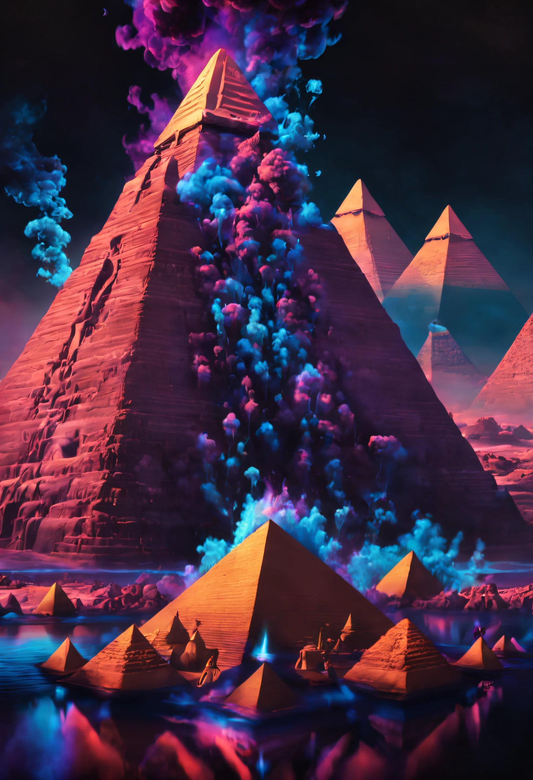 photorealistic movie still of a water, the Pyramids, Sphinx, smoke, no humans, black background, liquid, gradient background, 10k high resolution, psychedelic trip,