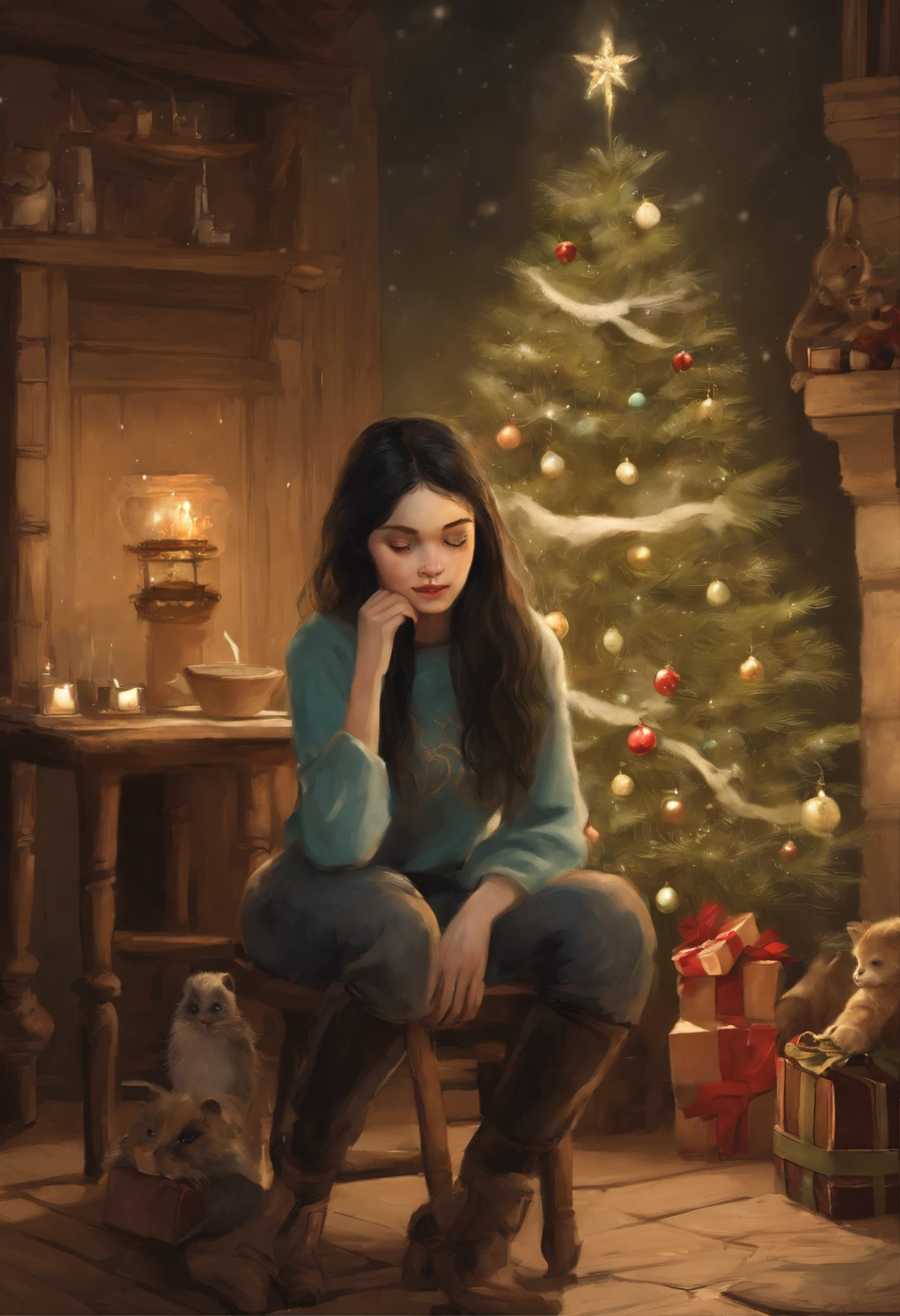 真实感, a painting, Fantastic tale, Christmas style, John Tolkien style, Small painting by Jean-Baptiste Monge, Soft facial features, rocker girl 25 years old sitting in a chair with flowing smooth black hair, near the Christmas tree, Soft facial features, Wearing trousers, Wearing a printed short sweatshirt, With light makeup, dark pink lips, lip shape"pearlescent" ,"straight, slightly arched eyebrows, Cyan eyes, heavy-lidded eye shape, Human Hand, Very clear, Without flaws, five fingers,human leg, Without flaws, Black long smooth hair, In a short sweatshirt with a print, in black trousers, mischievous character, Room, fireplace, Christmas tree, Gifts, Jean-Baptiste Monge, anthropomorphic --ar 2:3 --testp -optimistic;