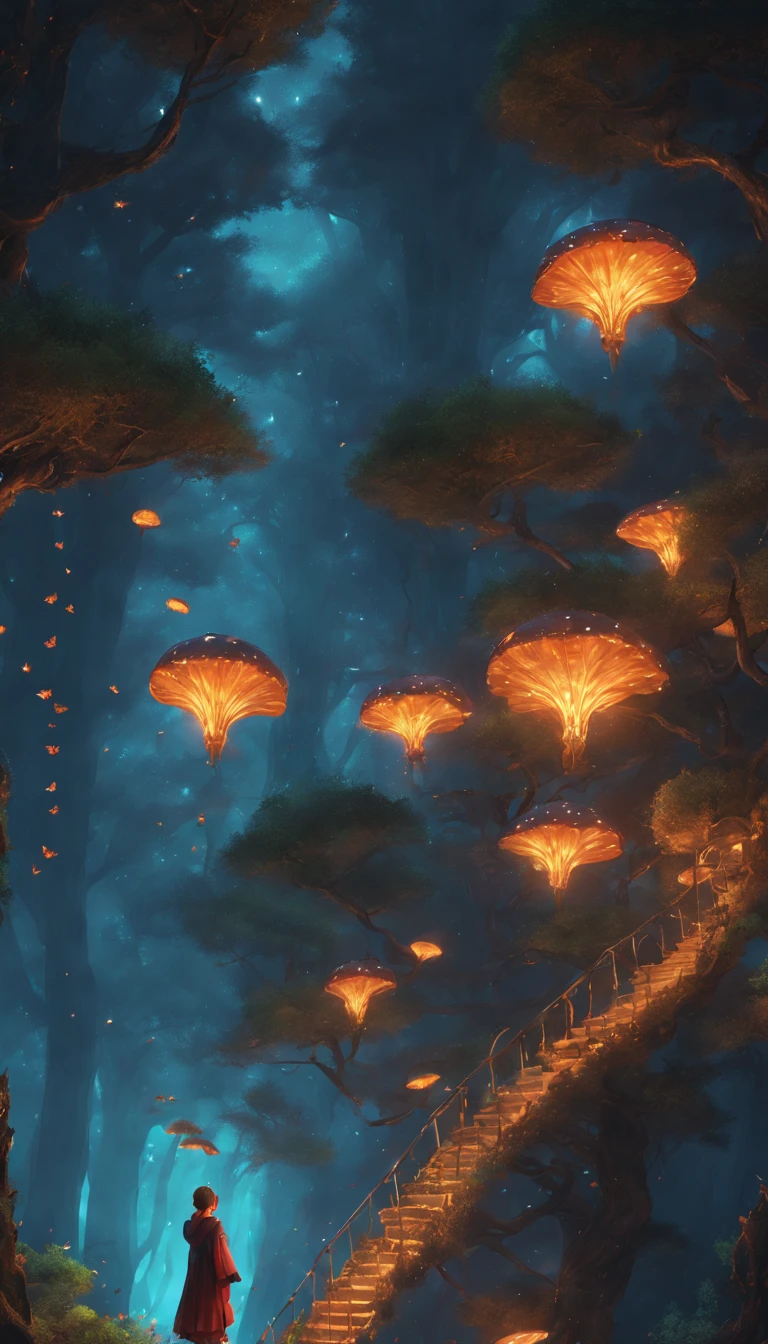 (Fairy Forest)、Atmospheric Oliva Lighting、kirakira,4K UHD、Great composition with great detail and vibrant colors、rendering octane、foco nítido、high-resolutionisometric,(Magic Light Effects,(swarm of shining butterflies),Luminous mushrooms,Magic Lamp,Huge ,A figure of a traveler wearing a black robe,forest at night,Medieval European style,strange shaped tree々,​masterpiece,Angel Ladder,