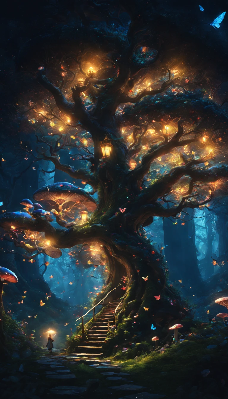 (Fairy Forest)、Atmospheric Oliva Lighting、kirakira,4K UHD、Great composition with great detail and vibrant colors、rendering octane、foco nítido、high-resolutionisometric,(Magic Light Effects,(swarm of shining butterflies),Luminous mushrooms,Magic Lamp,Huge ,A figure of a traveler wearing a black robe,forest at night,Medieval European style,strange shaped tree々,​masterpiece,Angel Ladder,