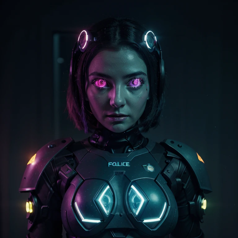 Cosmic Fallen cybernetic police gir , glowing light eyes, Biomechanical, eerie, Creepy, nightmarish, Very bright colors, Light particles, with light glowing, Mshiff, wallpaper art, UHD wallpaper, bigger breast