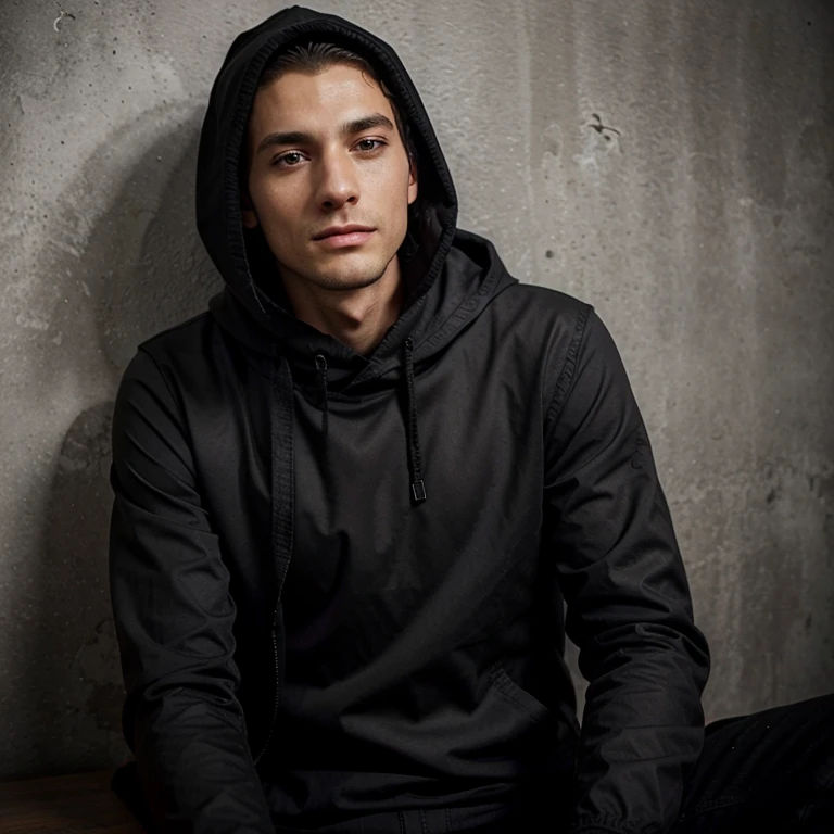 programmer, skinny guy sitting at the table, in a black jacket and hood, shaven face, gray eyes, large tities, realistic face, in a gray room against a wall