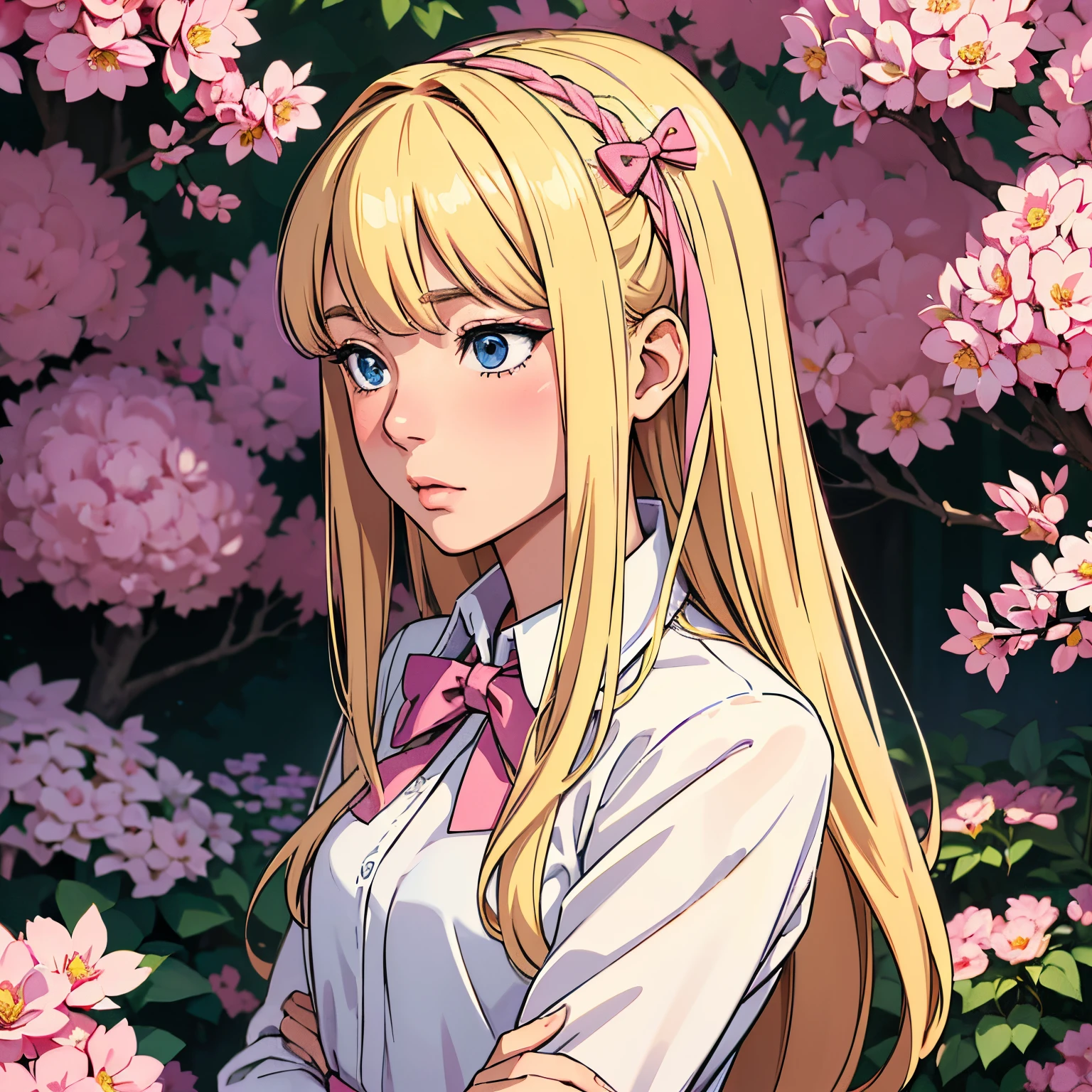 (Best Quality, Sharp anime eyes), elegant, feminine, detailed_background, garden , closeup, straight long hair,hair bow,pixelated,blush,luca (kuruton486),blonde hair bow,highres,1girl,letterboxed,solo,kuruton486,pink casual shirt,blue eyes,shirt,parted bangs
