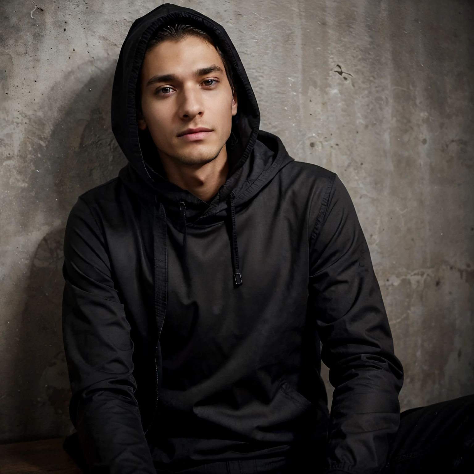 programmer, skinny guy sitting at the table, in a black jacket and hood, shaven face, gray eyes, large tities, realistic face, in a gray room against a wall