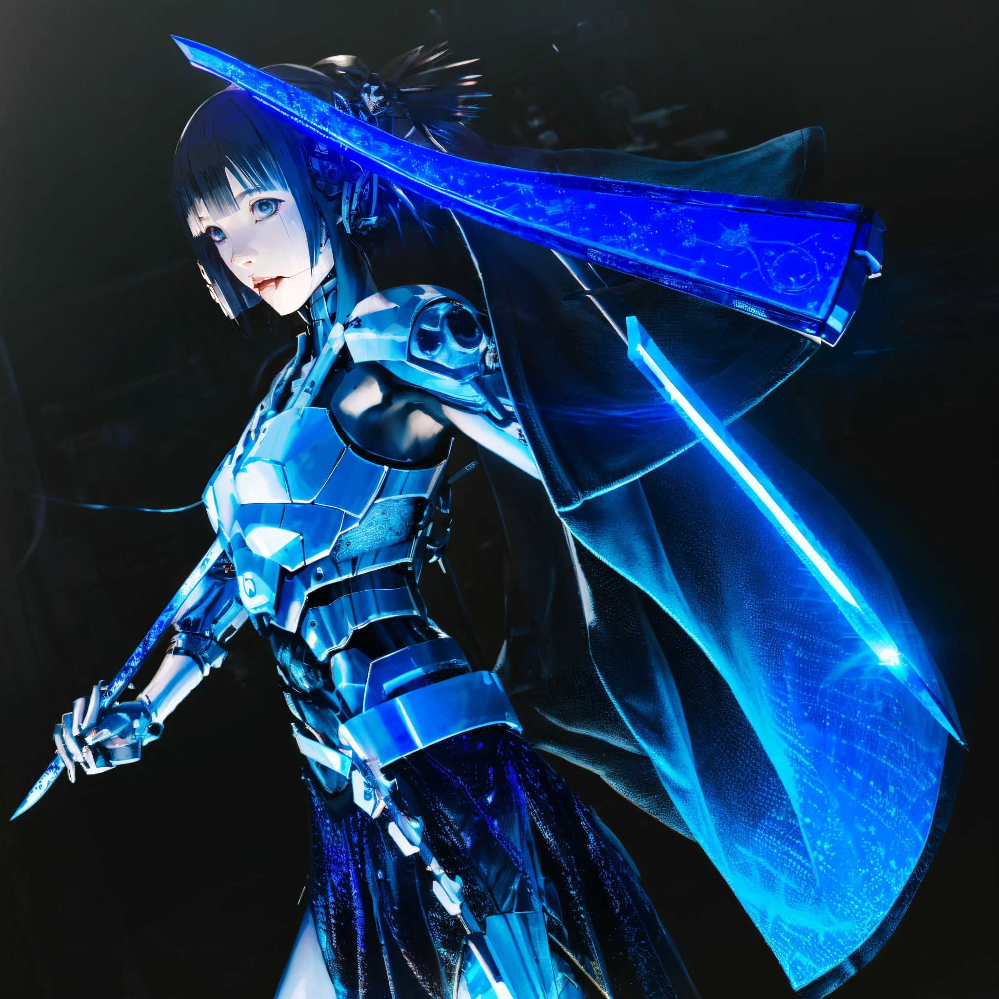 Anime girl holding a blue neon sword in her hand, she holds a sword, unsheathing her katana, Ghost in the Shell style, she holds a sword, Gainax anime style, cel - shaded art style, katanas strapped to her back, She has a long cane, Female protagonist 👀 :8, Black High Leg,breast curtains,Milk Warmth,The cloth is pushed up by the breasts and becomes like a curtain.,Cyber city far away,blue neon sword,chrome armor