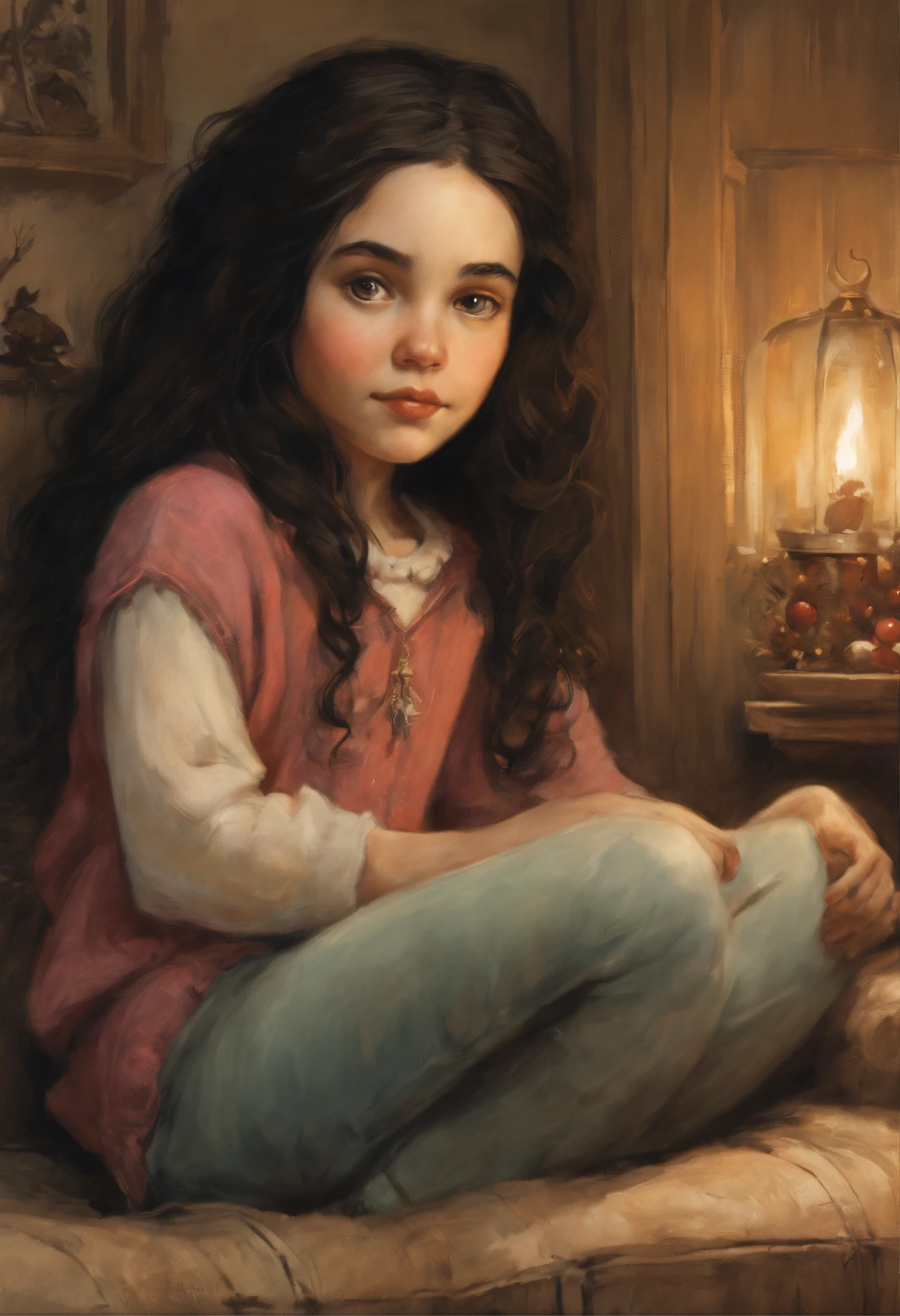真实感, a painting, Fantastic tale, Christmas style, John Tolkien style, Small painting by Jean-Baptiste Monge, Soft facial features, rocker girl 25 years old sits in a chair with flowing smooth black hair, near the Christmas tree, Soft facial features, Wearing trousers, Wearing a printed short sweatshirt, With light makeup, dark pink lips, lip shape"pearlescent" ,"straight, slightly arched eyebrows, Cyan eyes, heavy-lidded eye shape, Human Hand, Very clear, Without flaws, Black long smooth hair, In a short sweatshirt with a print, in black trousers, mischievous character, Room, fireplace, Christmas tree, Gifts, Jean-Baptiste Monge, without adding unnecessary details, anthropomorphic --ar 2:3 --testp -optimistic;