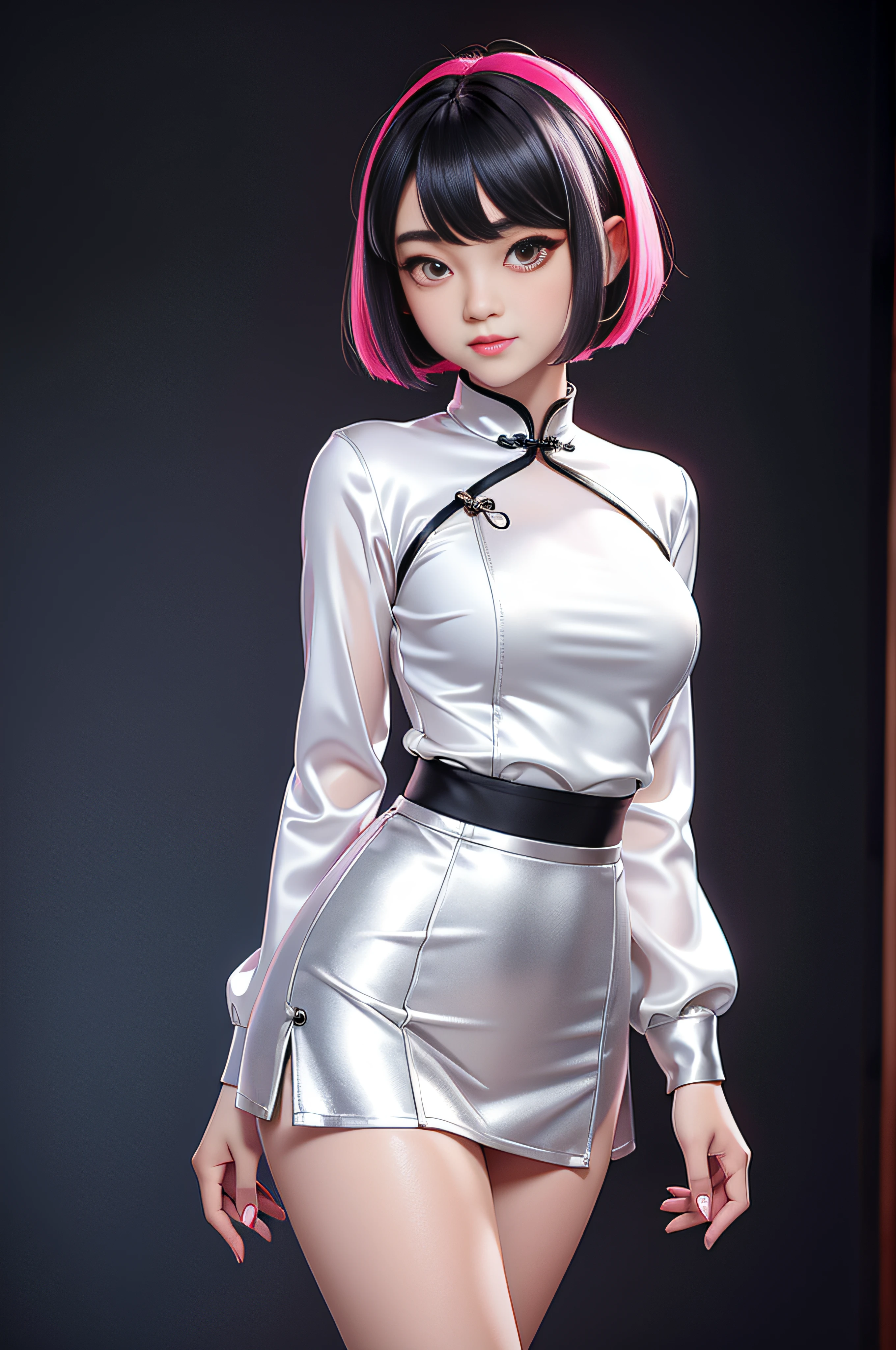 Beautiful Chinese ager, tight silk long sleeve top, large breasts, bob hair with silver streaks, short silk skater skirt, punk girl, masterpiece,