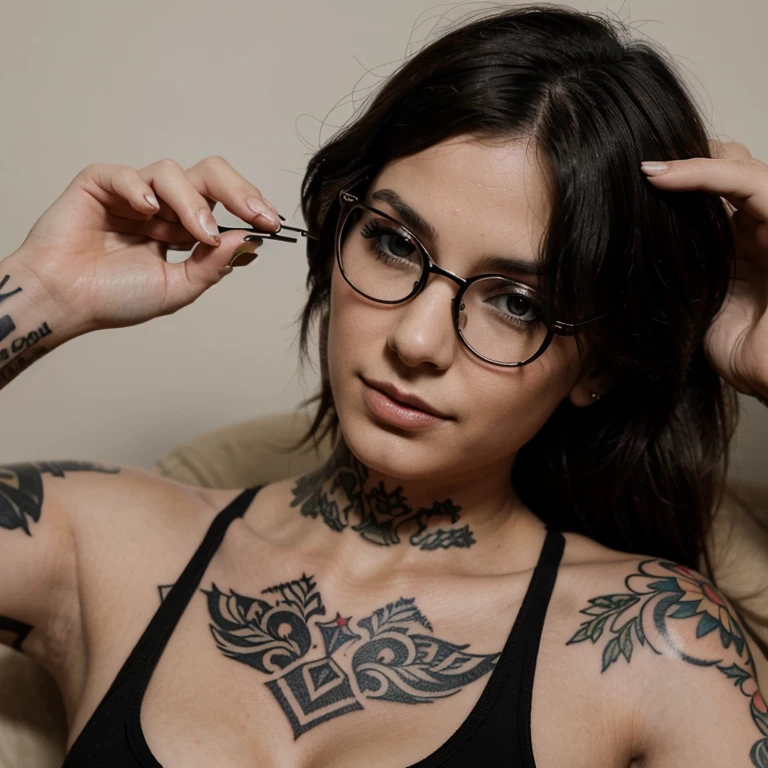 an alluring and beautiful (female tattoo artist:1.1) welcomes you to her tattoo studio, (she sits in front of her (flash-art wall:1.4), a variety of 10-20 tattoo drawings), interior of the tattoo studio we see latest tattoo guns, ink, sanitary items and inspirations, realistic photo, (35% of photo is black in drawing:1.4), she's has an (amazing tattoos:1.3) skill , (she wears thick dark-rimmed glasses on, black tshirt with anime graphic print, dark jeans, bandanna in hair, a piercing) and is intensely looking at camera (studio neon light:1.1), smoky, (Rembrandt lighting:0.9) ,(relaxed intimate photoshoot), beautiful face, slight smile, intense presence, neck tattoo of masterpiece, obsessively detailed artwork, ((flash wall: common designs, usually drawn on paper or cardboard and displayed prominently on the walls or in binders in some tattoo shops. The selection at tattoo studios can be quite mesmerizing)) , cozy relaxed, catching us, beautiful hands, kind eyes, gorgeous warm lighting:1.4,, incredible details, ((high contrast)), (deep, darkest shadows), (shadow details:1.0), ((taken using Leica camera, aperture: f/2.3)) , hyper-realistic skin, pores, scar, mole, (she has dark hair pulled away from face, tidy updo), smokey eye makeup, tattooed skin,, her arms relaxed , relaxed moment, she's in dark with natural light glow, (romantic light:1.2), radiant skin, perfectly framed face, perfect relaxed hands, perfect fingers, (perfect portrait, incredible eyes:1.1), a work of art, beautiful composition, golden ratio, inspiring, (highest quality fabric texture), every detail,Fine facial features – (Highest Quality) ,Leica camera film, High quality ○○ detailed – ○○ details ultra detailed(Ultra-fine ), Photorealistic, Extremely detailed(Extremely detailed) , (highest detail image, lens flare, realistic)○○ res – ○○ resolution ultra high res(A high resolution)