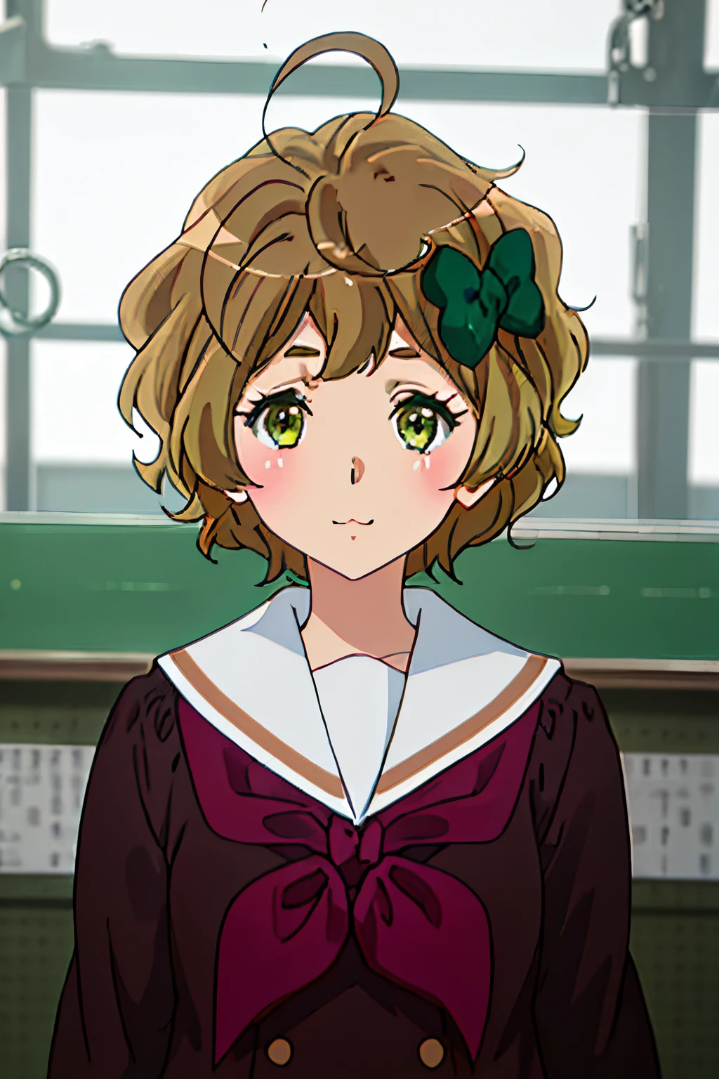 Best Quality, Masterpiece, hight resolution, 独奏, {Kawashima_safaya_SoundEuphonium:1.15}, short_Hair, Brown_Hair, blusher, bow, Hair_bow, serafuku, Green_eyes, Green_bow, ahoge, Polka_PT, Brown_eyes, 1girl, Blue_Sailor_collar, Kitauji_High_school_uniform, neckerchief, Pink_neckerchief, Polka_PT_bow, Sailor_collar, school_uniform, hooded_mouth, olhando_at_Viewer