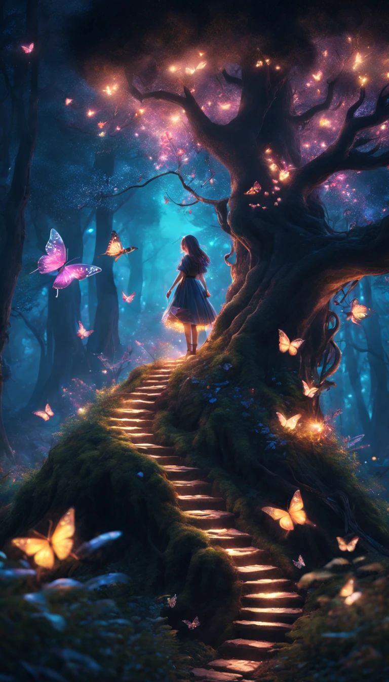 (Fairy Forest)、Atmospheric Oliva Lighting、kirakira,4K UHD、Great composition with great detail and vibrant colors、rendering octane、foco nítido、high-resolutionisometric,(Magic Light Effects,(swarm of shining butterflies),Luminous mushrooms,Magic Lamp,Huge ,A figure of a traveler wearing a black robe,forest at night,Medieval European style,strange shaped tree々,​masterpiece,Angel Ladder,