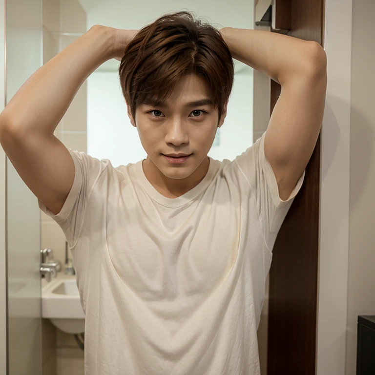 1 boy kpop idol sunghoon enhypen. He has thin and tall body. He has brown hair and little smile