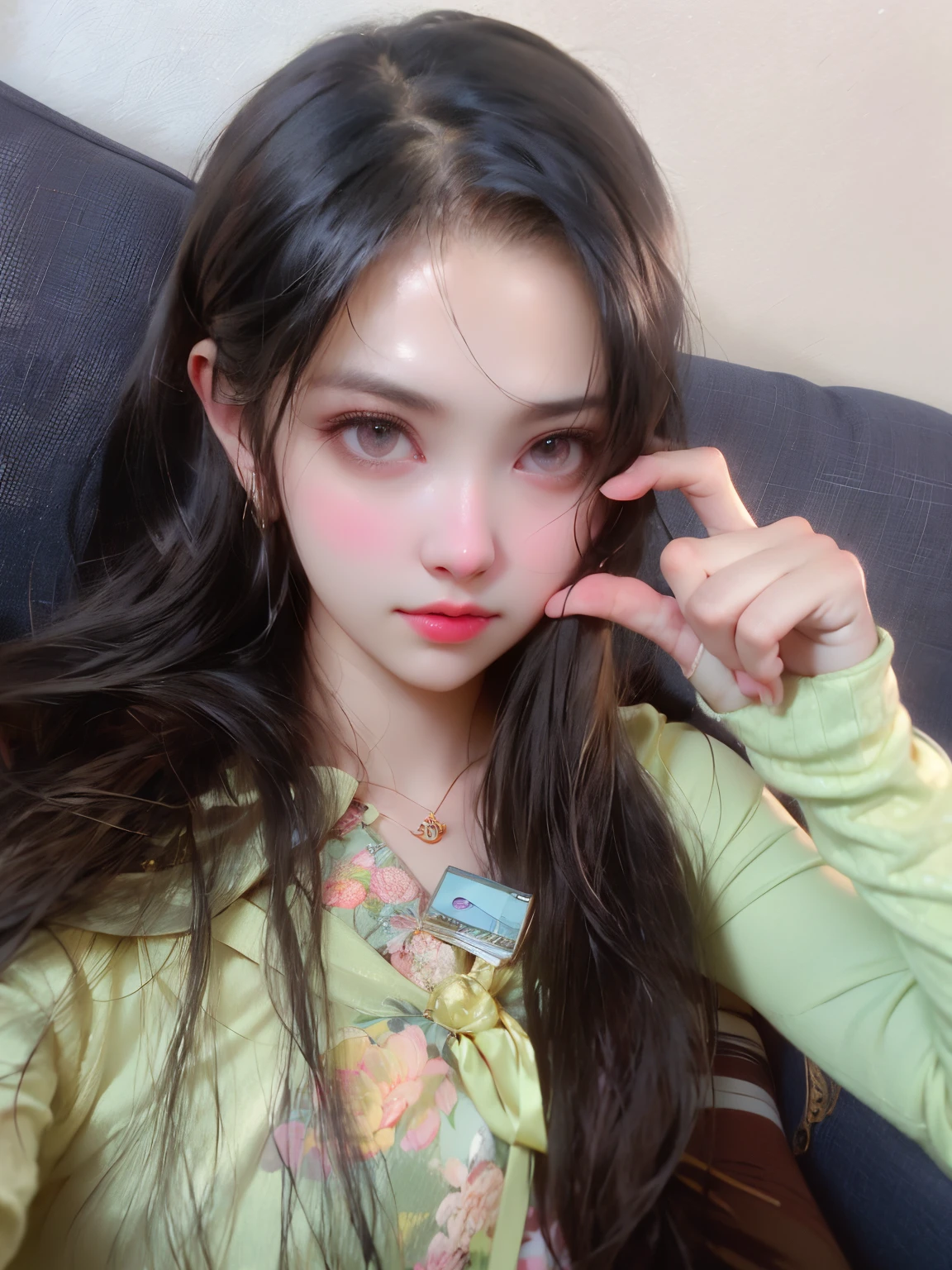 arafed asian woman with long hair sitting on a sofa, Jaeyeon Nam, Jinyoung Shin, con cara linda - fina -, ulzzang, tzuyu de dos veces, Heonhwa Choe, Sha Xi, dilraba dilmurat, Lee Ji - Eun, Lee Ji-eun, con el pelo largo, 19 year old girl