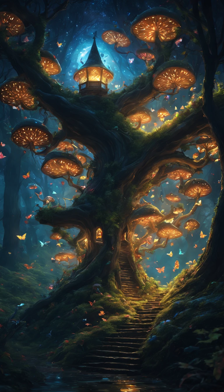 (Fairy Forest)、Atmospheric Oliva Lighting、kirakira,4K UHD、Great composition with great detail and vibrant colors、rendering octane、foco nítido、high-resolutionisometric,(Magic Light Effects,(swarm of shining butterflies),Luminous mushrooms,Magic Lamp,Huge ,A figure of a traveler wearing a black robe,forest at night,Medieval European style,strange shaped tree々,​masterpiece,Angel Ladder,