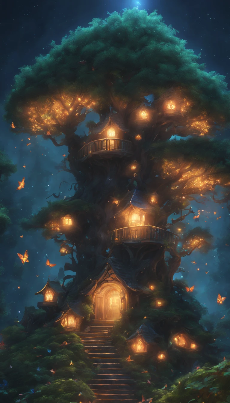 (Fairy Forest)、Atmospheric Oliva Lighting、kirakira,4K UHD、Great composition with great detail and vibrant colors、rendering octane、foco nítido、high-resolutionisometric,(Magic Light Effects,(swarm of shining butterflies),Luminous mushrooms,Magic Lamp,Huge ,A figure of a traveler wearing a black robe,forest at night,Medieval European style,strange shaped tree々,​masterpiece,Angel Ladder,