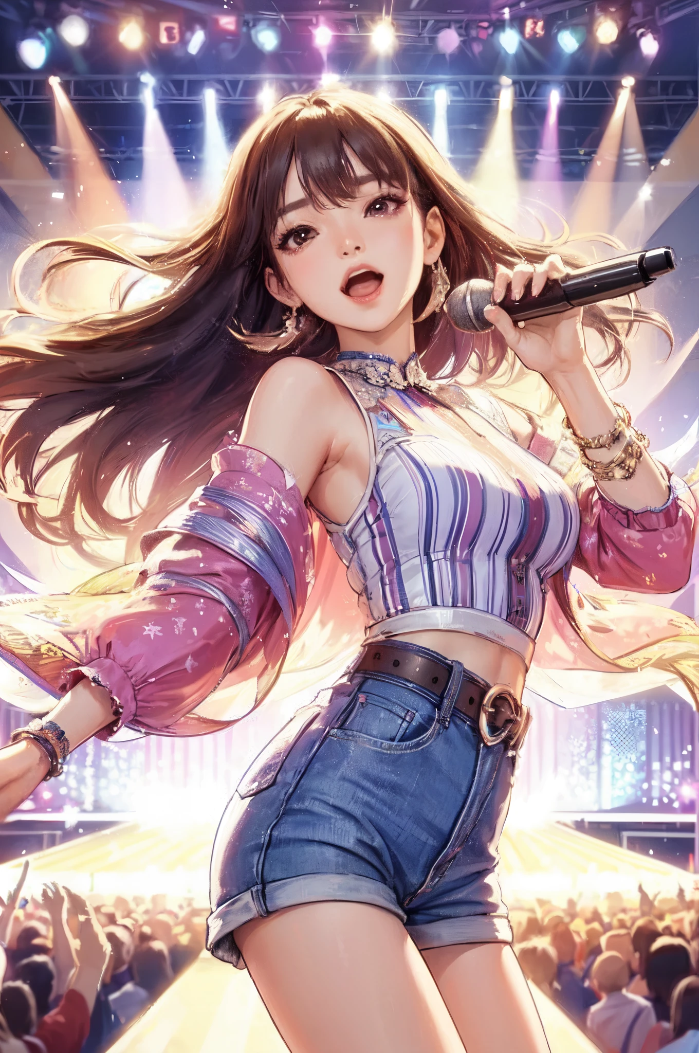 1lady solo, K-POP artist, (singing:1.2) (dynamic posing:1.2), (stylish outfit), mature female, /(brown hair/) bangasterpiece best quality:1.2) delicate illustration ultra-detailed, large breasts BREAK (holding a microphone) BREAK (music stage) indoors, various colored spotlight, audience