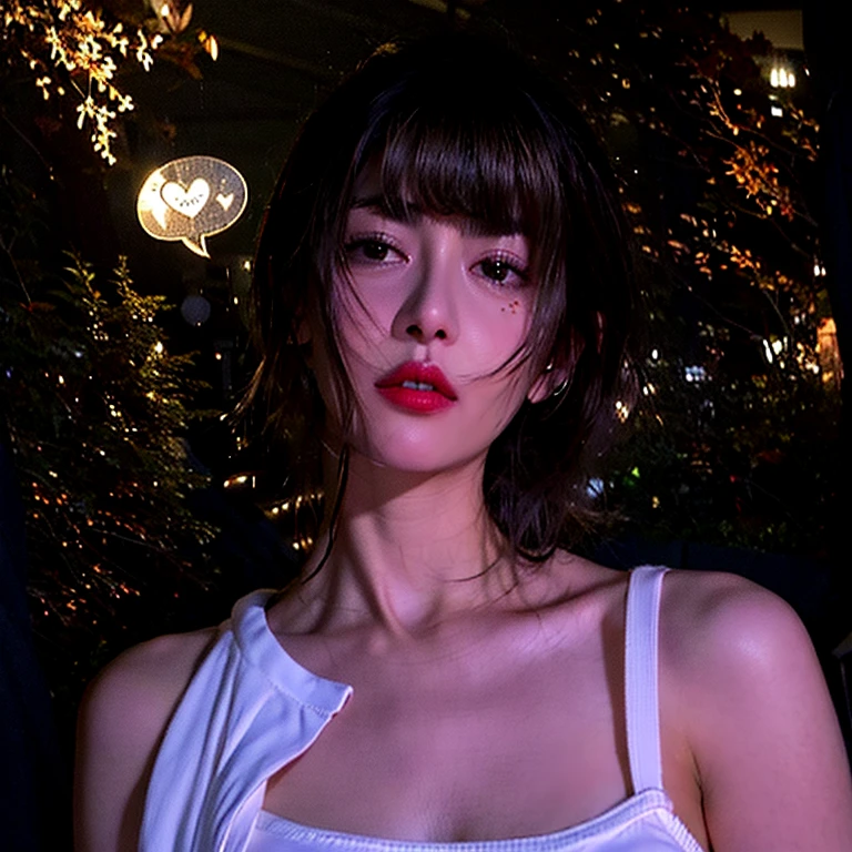 there a woman with a heart shaped speech bubble above her head, with short hair, neat hair with bangs, with short hair with bangs, brown hair and bangs, short brown hair with bangs, amouranth, young beautiful amouranth, brown hair with bangs, small heart - shaped face, better known as amouranth, only a few bangs of hair
