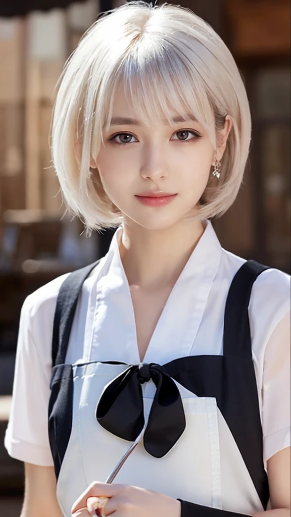 masterpiece, best quality, ultra-detailed, an extremely delicate and beautiful, expressive eyes, perfect face, nuked apron, white hair, blunt bangs,