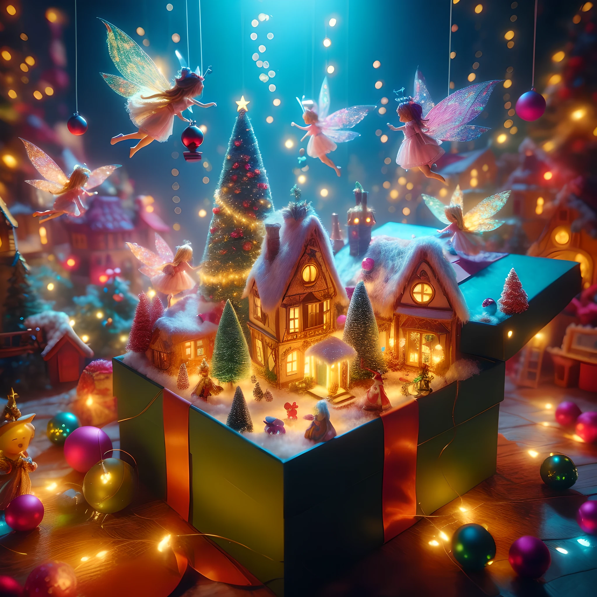christmas scene with a box and fairy figures in a room, beautiful render of a fairytale, 3 d render beeple, elves house, artem demura beeple, magical village, very magical and dreamy, beeple global illumination, 4k highly detailed digital art, beeple. hyperrealism, by Alexander Kucharsky, toy photography