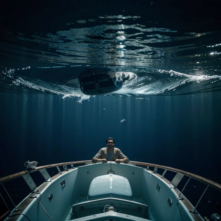 A poor man in a boat alone in a middle of sea looking at Saptarishi star and below the boat jelly fish are glowing, the man's face is overwhelmed by the Beauty of nature