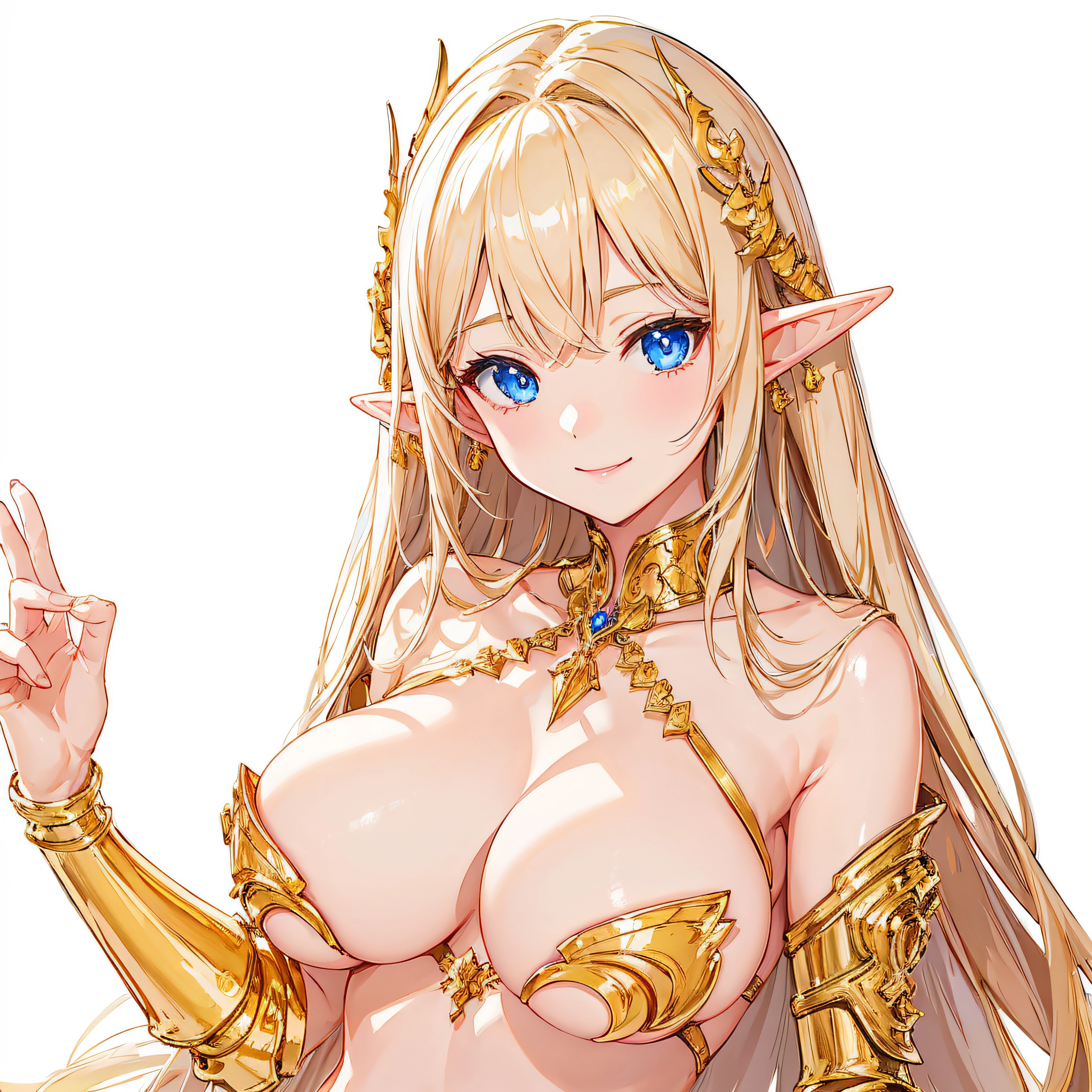 ​masterpiece、top-quality、ighly detailed、hight resolution、１６ｋ、fullnude、Teetoob proportions、golden armour、Very thin skirt、Looks like a black pantal body、Very white skin、Beautiful fingers、Anime girl with very big breasts posing naked、Perfect Style、elvish、no-bra、Blonde blue-eyed、A smile、An elf girl