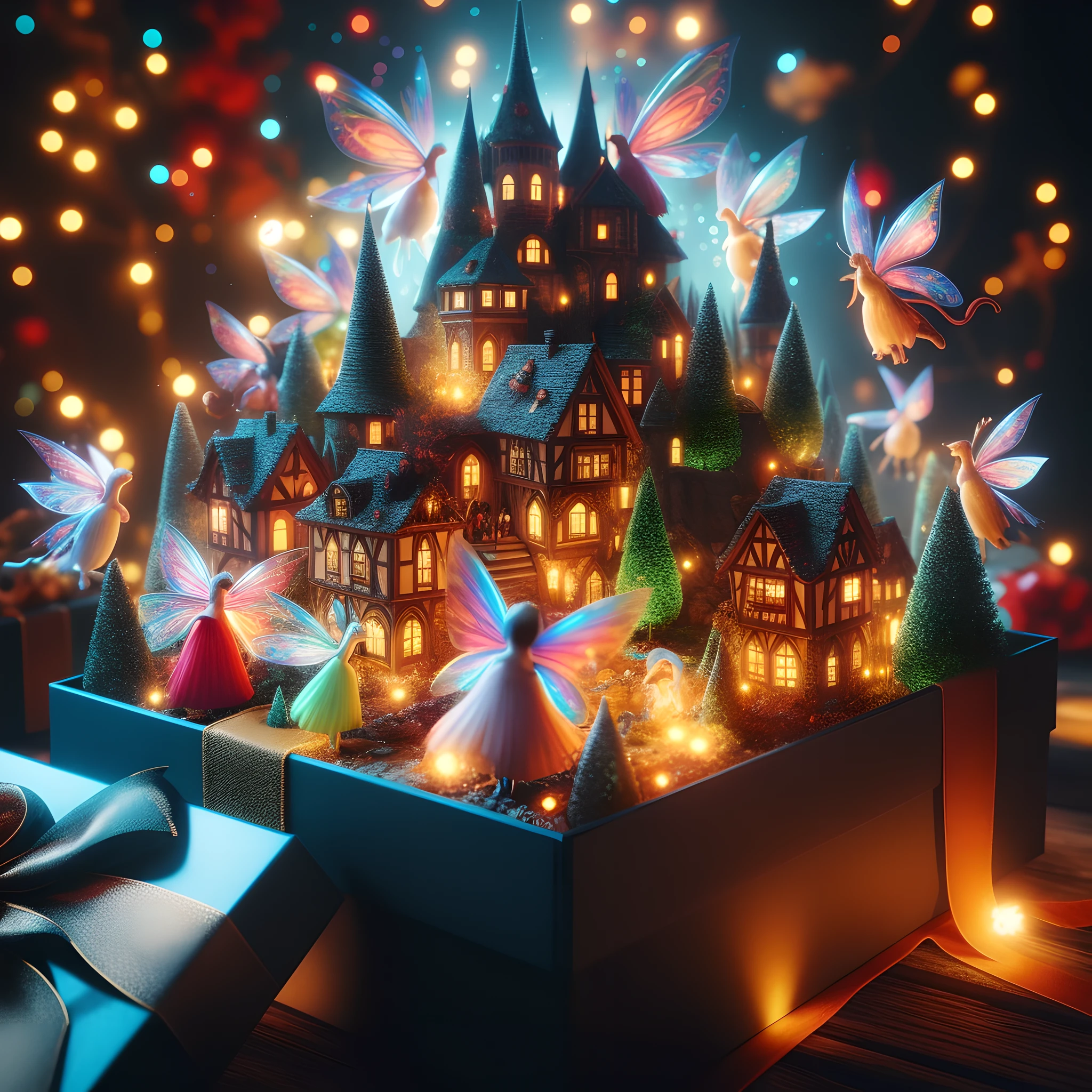 a close up of a box with a fairy castle on it, beautiful render of a fairytale, magical village, 3d magical details, magical lights, by Marie Bashkirtseff, a bustling magical town, 4k highly detailed digital art, very magical and dreamy, 3 d render beeple, rendered in maya and houdini, magic fantasy highly detailed