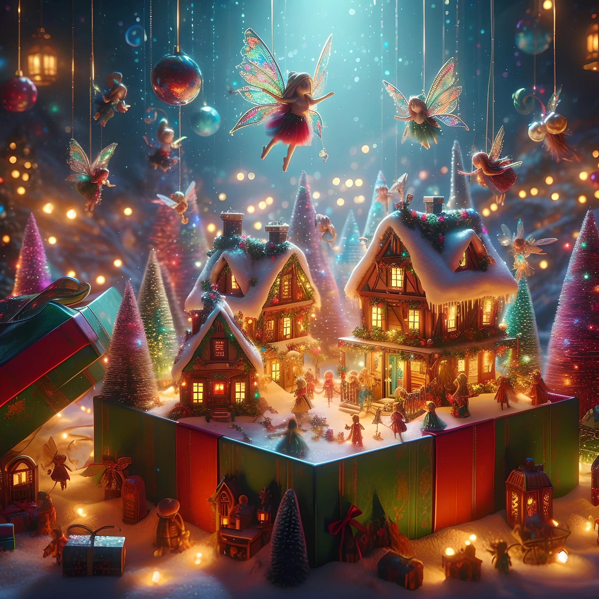 christmas scene with a box and fairy figures in a room, beautiful render of a fairytale, 3 d render beeple, elves house, artem demura beeple, magical village, very magical and dreamy, beeple global illumination, 4k highly detailed digital art, beeple. hyperrealism, by Alexander Kucharsky, toy photography