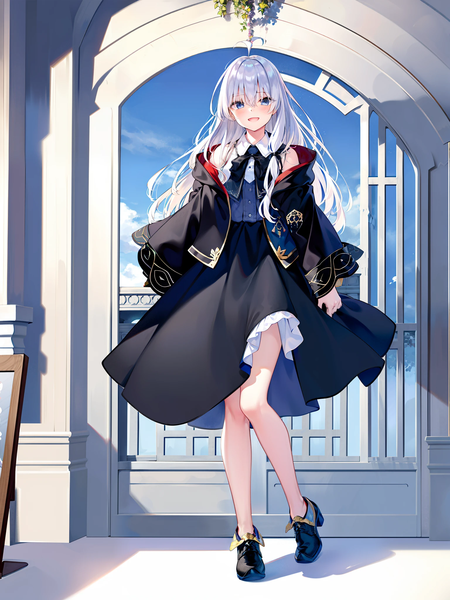 (masterpiece, best quality, highres),, solo, long hair, sky, shirt, skirt, cloud, blue eyes, long white hair, smile, black footwear, white shirt, sidesaddle, black transparent skirt , robe, neck bowtie, yellow bowtie, looking away from the viewer, a little blushed face, shoes, classic shoes, full body, yellow bow, open clothes, high heels, bare shoulders, :d, collared shirt, bare legs, best hair bundle, white hair, standing, fullbody, room of hogwarts castle, standing in the room of castle, talking to me and i asked her "hows your journey today miss Elaina"