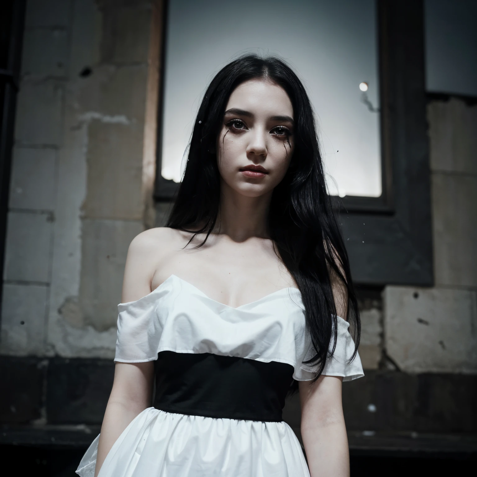 <lora:AliceHorrorV2:0.3>little 1girl, alicehorror, sad, tears, black hair, blood, dress, green eyes, long hair, waving goodby, , solo, striped