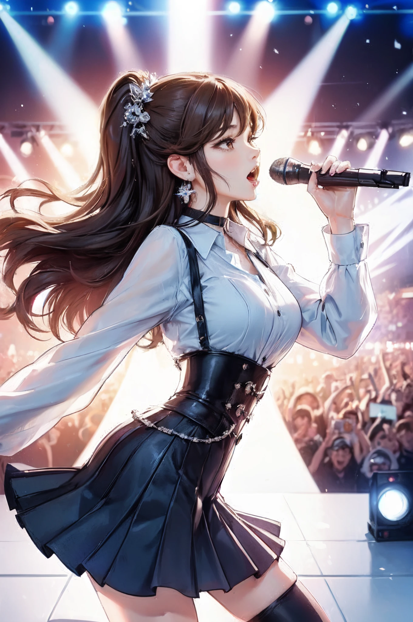 1lady solo, K-POP artist, (singing:1.2) (dynamic posing:1.2), (stylish outfit), mature female, /(brown hair/) bangasterpiece best quality:1.2) delicate illustration ultra-detailed, large breasts BREAK (holding a microphone) BREAK (music stage) indoors, various colored spotlight, audience