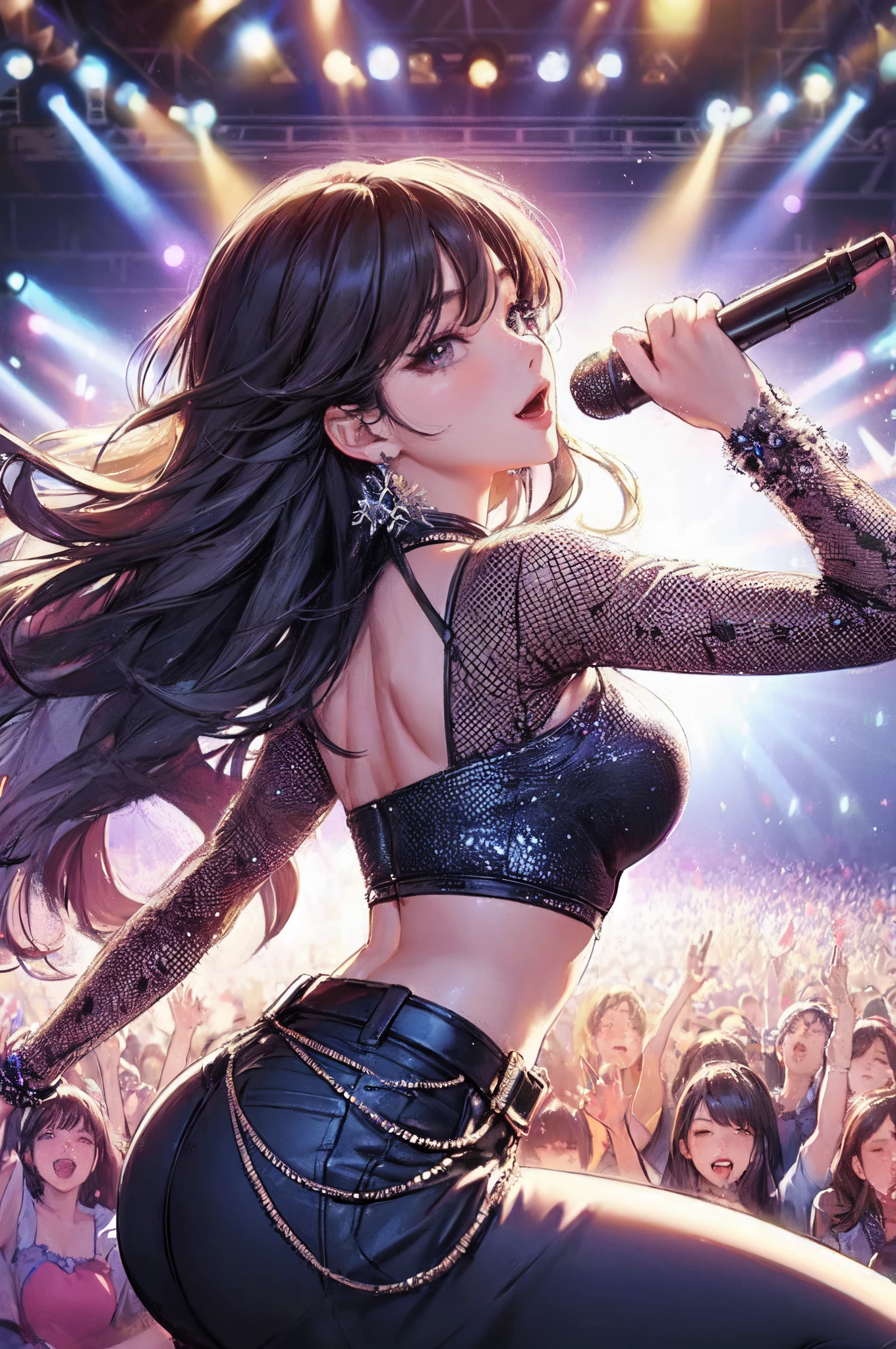 1lady solo, K-POP artist, (singing:1.2) (dynamic posing:1.2), (stylish outfit), mature female, /(light brown hair/) bangs, light smile, (masterpiece best quality:1.2) delicate illustration ultra-detailed, large breasts BREAK (holding a microphone) BREAK (music stage) indoors, various colored spotlight, audience