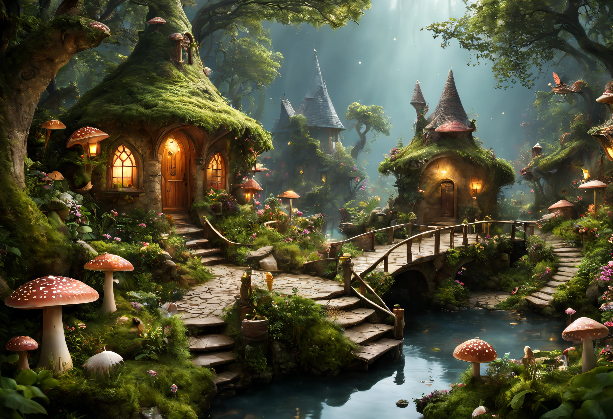 (best quality,4k,8k,highres,masterpiece:1.2),ultra-detailed,(realistic,photorealistic,photo-realistic:1.37),a charming fairy village,enchanted forest,magical creatures,glowing mushrooms,whimsical treehouses,lush greenery,sparkling waterfalls,fairy lights,dainty flowers,serene atmosphere,soft sunlight,fairy dust,ethereal beings,peaceful lakeside,cobblestone pathways,celestial stars,stunning architecture,magical bridges,mystical fog,harmonious colors,surreal ambiance,enchanted music,fairytale-like cottages,floating lanterns,hidden nooks and crannies,playful sprites,whispering winds,tinkling laughter,secretive entrances,hidden treasures,magical doorways,lively marketplace,elaborate costumes,vibrant market stalls,dreamy reflections in the water,fairy wings,index:above-average,dream-like,imagination,stardust magic,tranquil haven