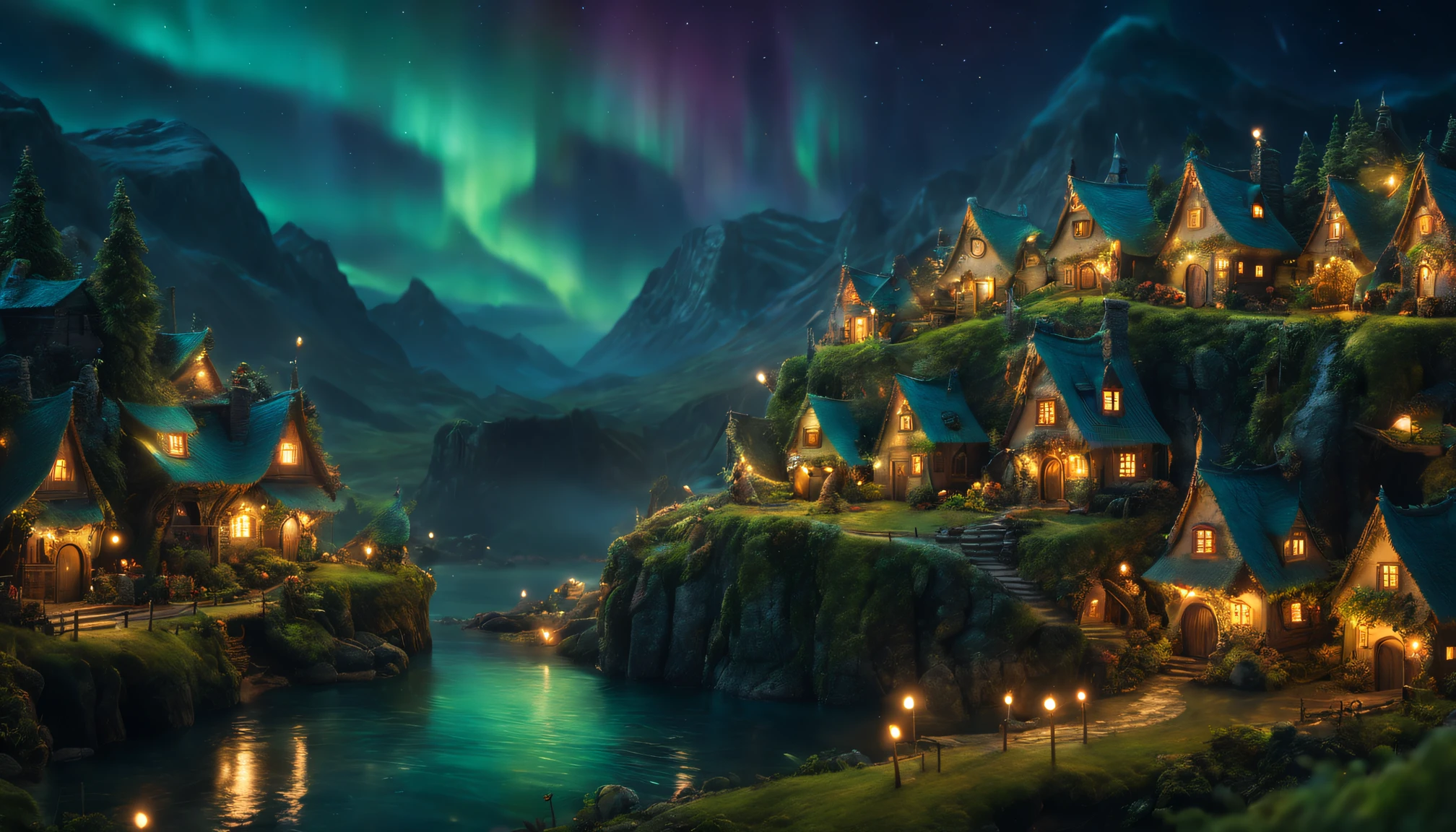 masterpiece, miniature, 100mm shot, (beautiful and aesthetic), highly detailed, concept art, medium shot, panoramic, a small fairy village, cozy, winter, night, snowy, bustling fairy, ethereal atmosphere, vibrant color, cinematic lighting, epic composition, epic proportion, HD