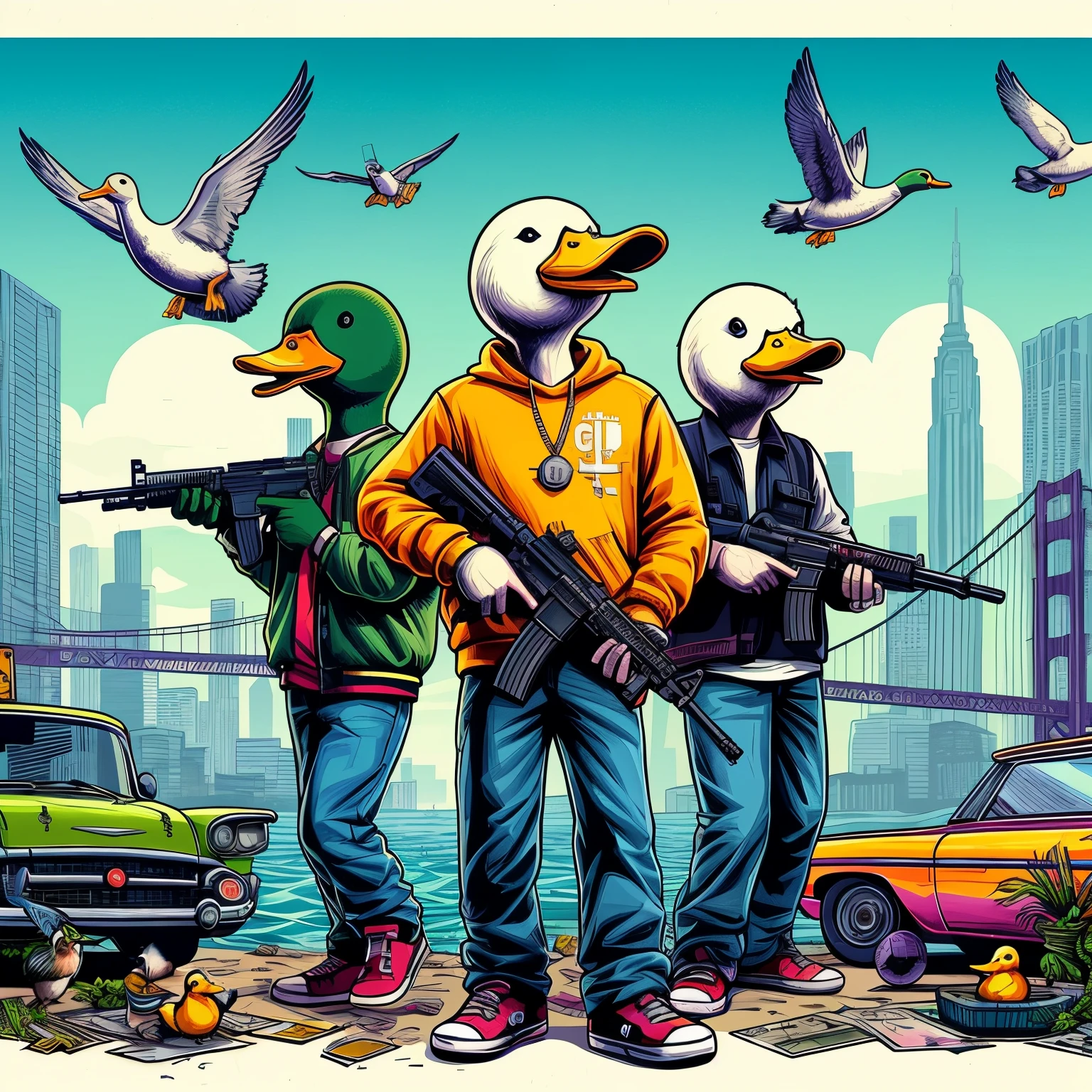 gang of ducklings with guns and birds in front of a city, gta artee da tela de carregamento, gta arte, Rockstar Games Arte, Patos, gta v artee da tela de carregamento, gta estilo de arte, GTA 5 Arte, Estilo de GTA V obras de arte, gta v arte, 2 d arte do jogo gta capa, 2d arte do jogo gta capa, arte vibrante dos desenhos animados, Banner 1920x1080