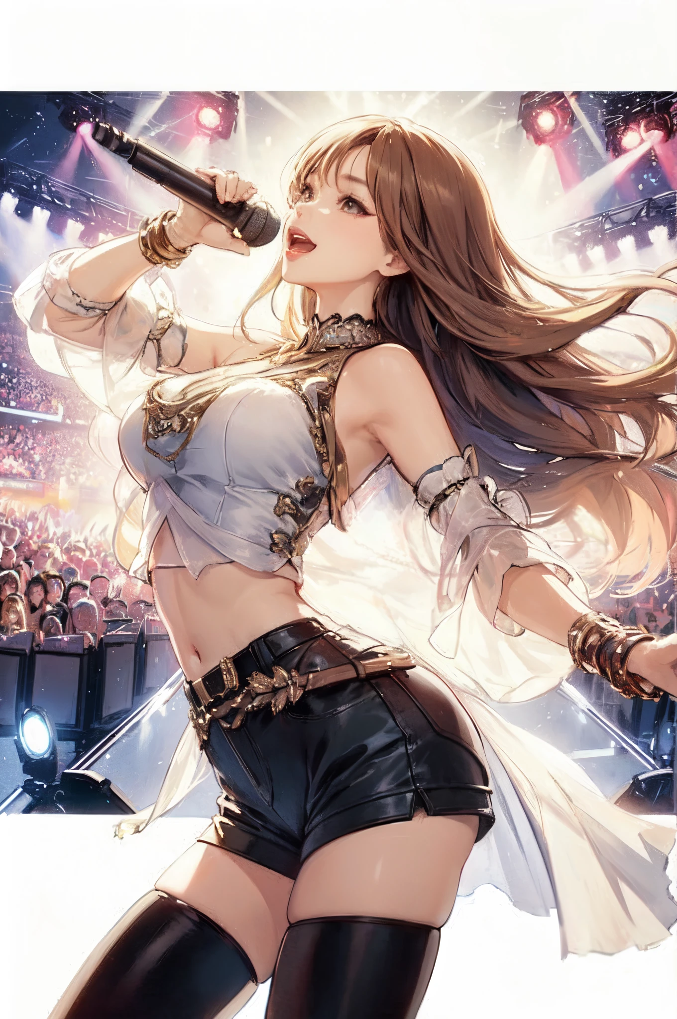 1lady solo, K-POP artist, (singing:1.2) (dynamic posing:1.2), (stylish outfit), mature female, /(light brown hair/) bangs, light smile, (masterpiece best quality:1.2) delicate illustration ultra-detailed, large breasts BREAK (holding a microphone) BREAK (music stage) indoors, various colored spotlight, audience