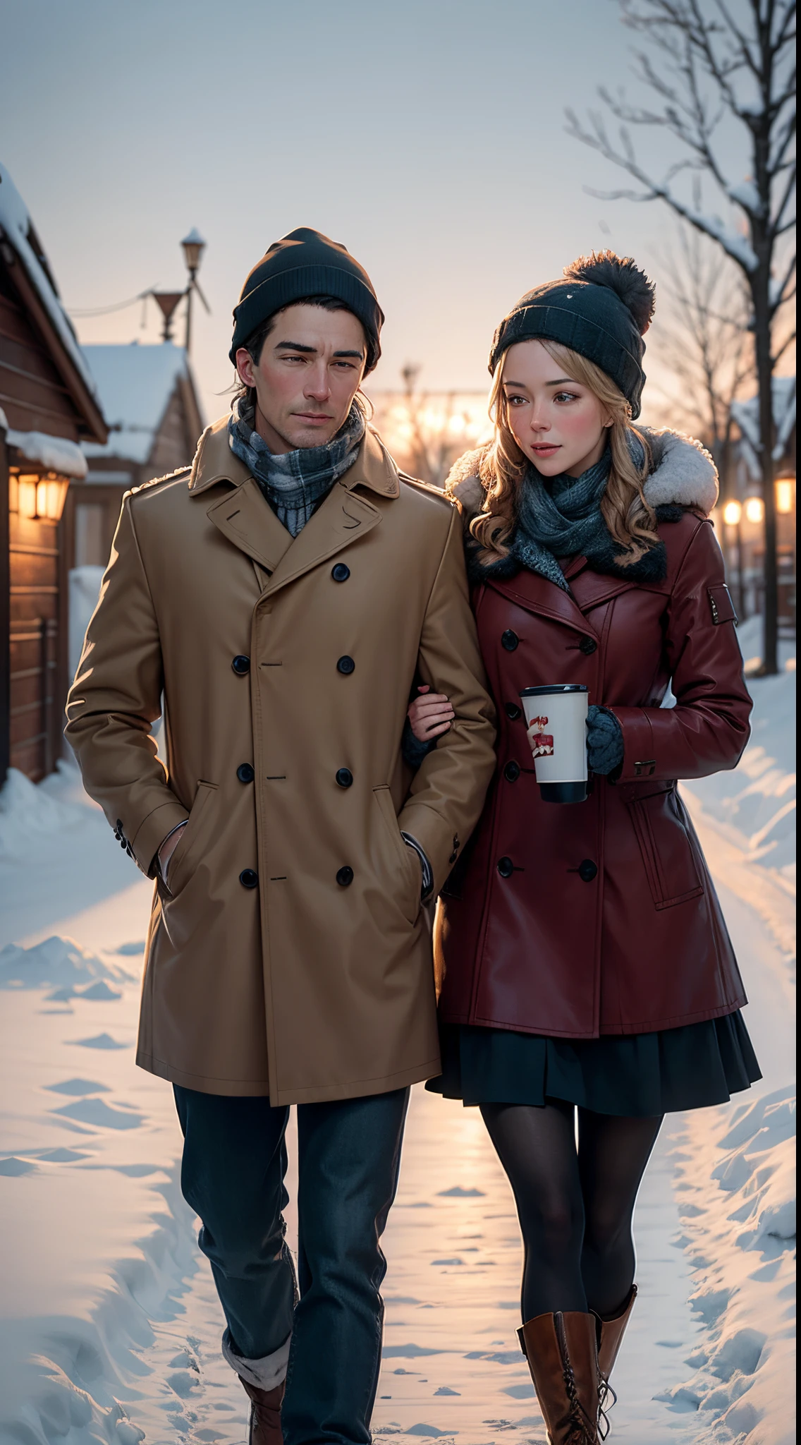 rough oil painting of a couple in love at winter, in the foreground