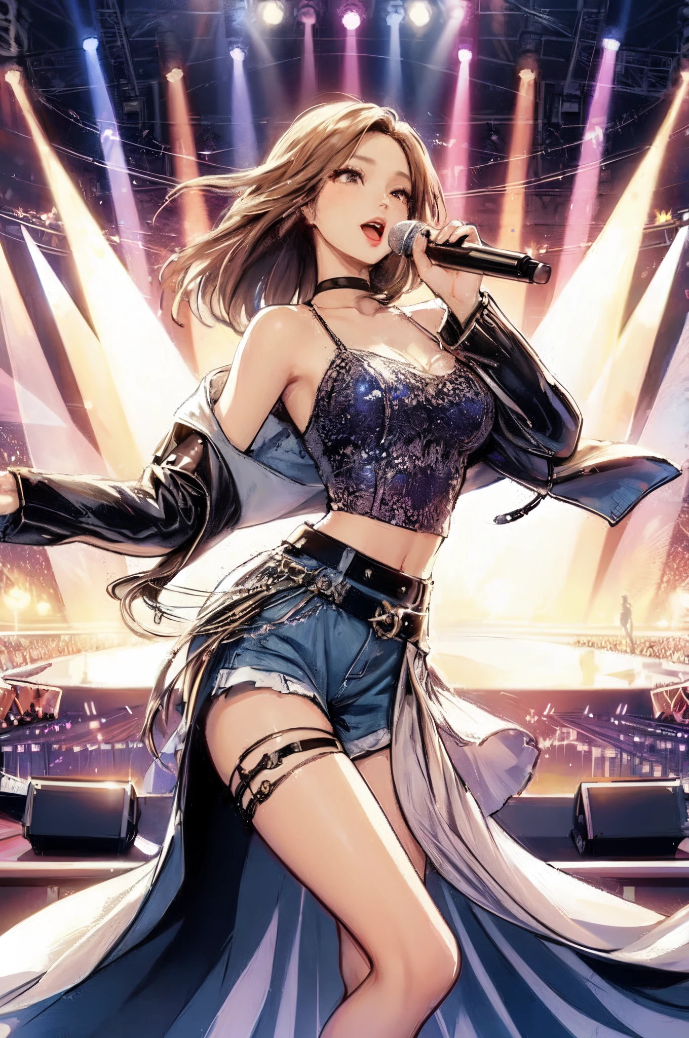 1lady solo, K-POP artist, (singing:1.2) (dynamic posing:1.2), (stylish outfit), mature female, /(brown hair/) bangs, light smile, (masterpiece best quality:1.2) delicate illustration ultra-detailed, large breasts BREAK (holding a microphone) BREAK (music stage) indoors, various colored spotlight, audience
