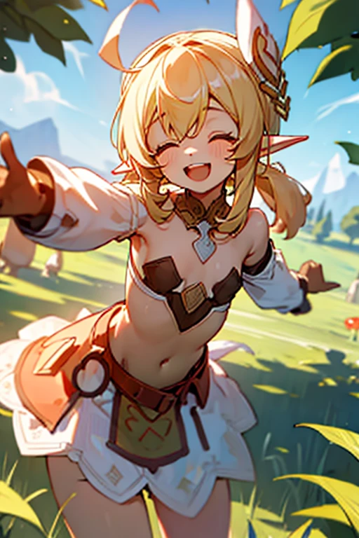 nude, loli, flat chest, outside, playing, open mouth, smiling, laughing, blond hair, elf ears, pointy ears, daylight
