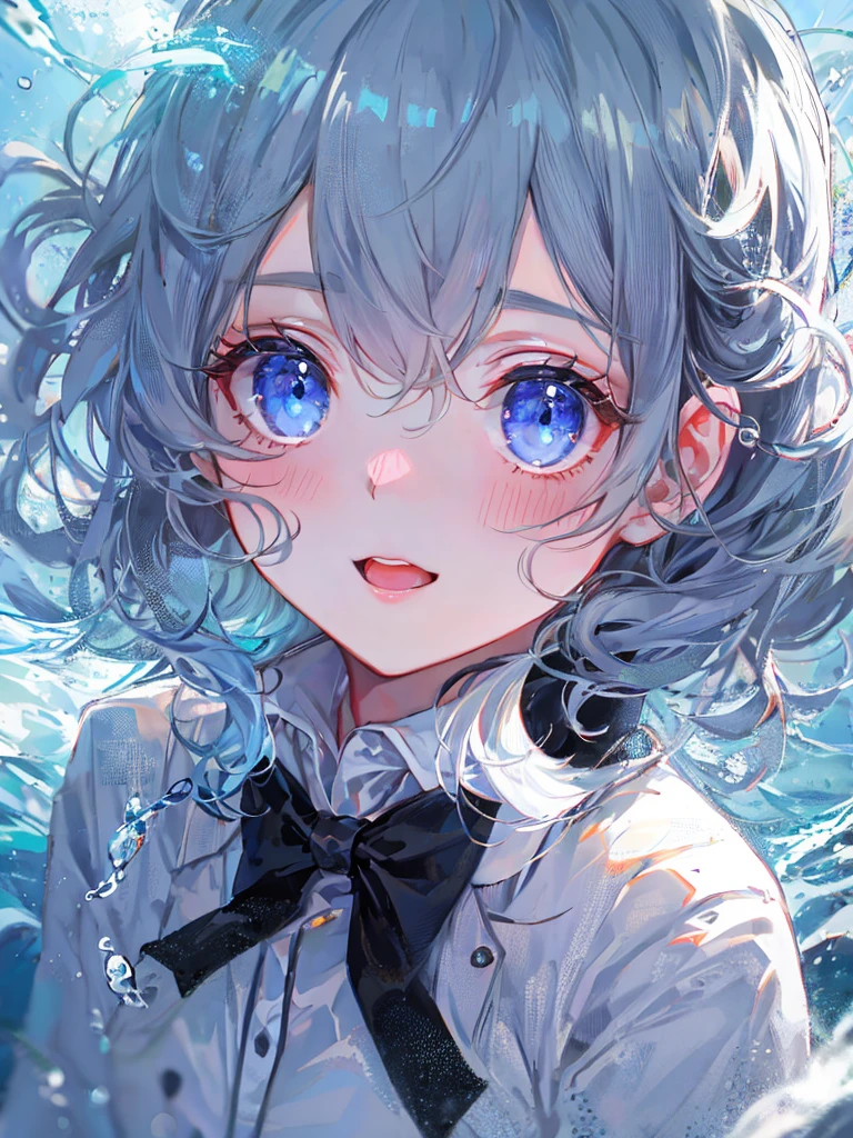 ((top-quality)), ((masterpiece)), ((ultra-detailliert)), (Extremely delicate and beautiful), girl with, 独奏, cold attitude,((Black jacket)),She is very(relax)with the(Settled down)Looks,depth of fields,Evil smile,Bubble, under the water, Air bubble,Underwater world bright light blue eyes,inner color with bright gray hair and light blue tips,,,,,,,,,,,,,,,,,,Cold background,Bob Hair - Linear Art, shortpants、knee high socks、White uniform like school uniform、Light blue ribbon ties、Clothes are sheer、The hand in my right pocket is like a sapphire,Fronllesse Blue, A small blue light was floating、fantastic eyes、selfy,Self-shot,Smile Face