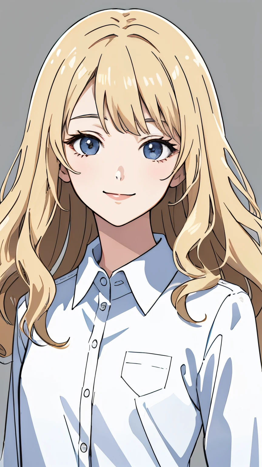 (Masterpiece:1.1), (Best Quality),(illustartion), Anime style, (1Woman), (), Standing, looking a viewer, close up, Smiling, closed mouth, ( Background), gentle mature face, white professional shirt, dirty blonde hair, mid length hair, Bangs, Wavy Hair, super flat style, flat colors, gray background, Flat lighting