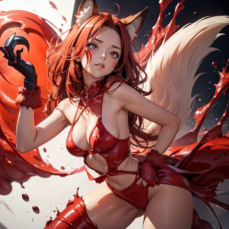 A mature woman with breast. slim curves, scarlet eyes and seductive looks, wearing a fox mask while squatting down and spreading her legs showing off her vagina