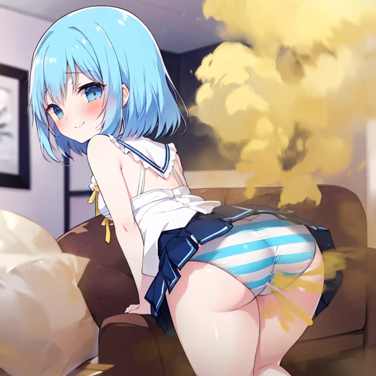 masterpiece:1.2,top-quality), ((((Blurry background with deep yellow fog)))), (li), (Loli with a very young face), (flat chest), (7-yeld), autiful slender body), Sofa room, blue eyes, blue hair, standing, Turn around and look back, massive butt, Sticking out the butt, ((skirt)), blue white panties, ((((horizontal striped panties)))), Bare thighs, fart, onara, fart, farting, big fart, Fart from the ass, Farting non-stop, Yellow smoke, room full of yellow smoke, Skirt lifted because of farting, blush, smile mischievously, giggle lewdly