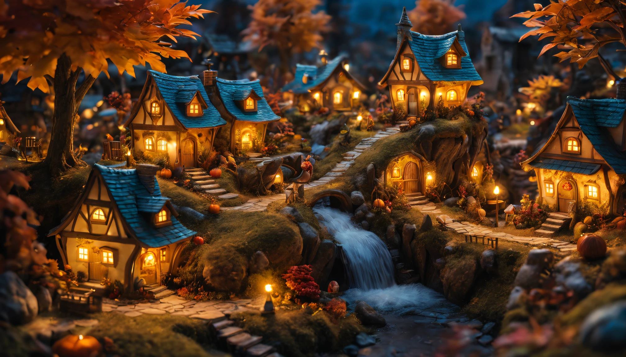 masterpiece, miniature, 100mm shot, (beautiful and aesthetic), highly detailed, concept art, medium shot, panoramic, a small fairy village, cozy, winter, night, snowy, bustling fairy, ethereal atmosphere, vibrant color, cinematic lighting, epic composition, epic proportion, HD