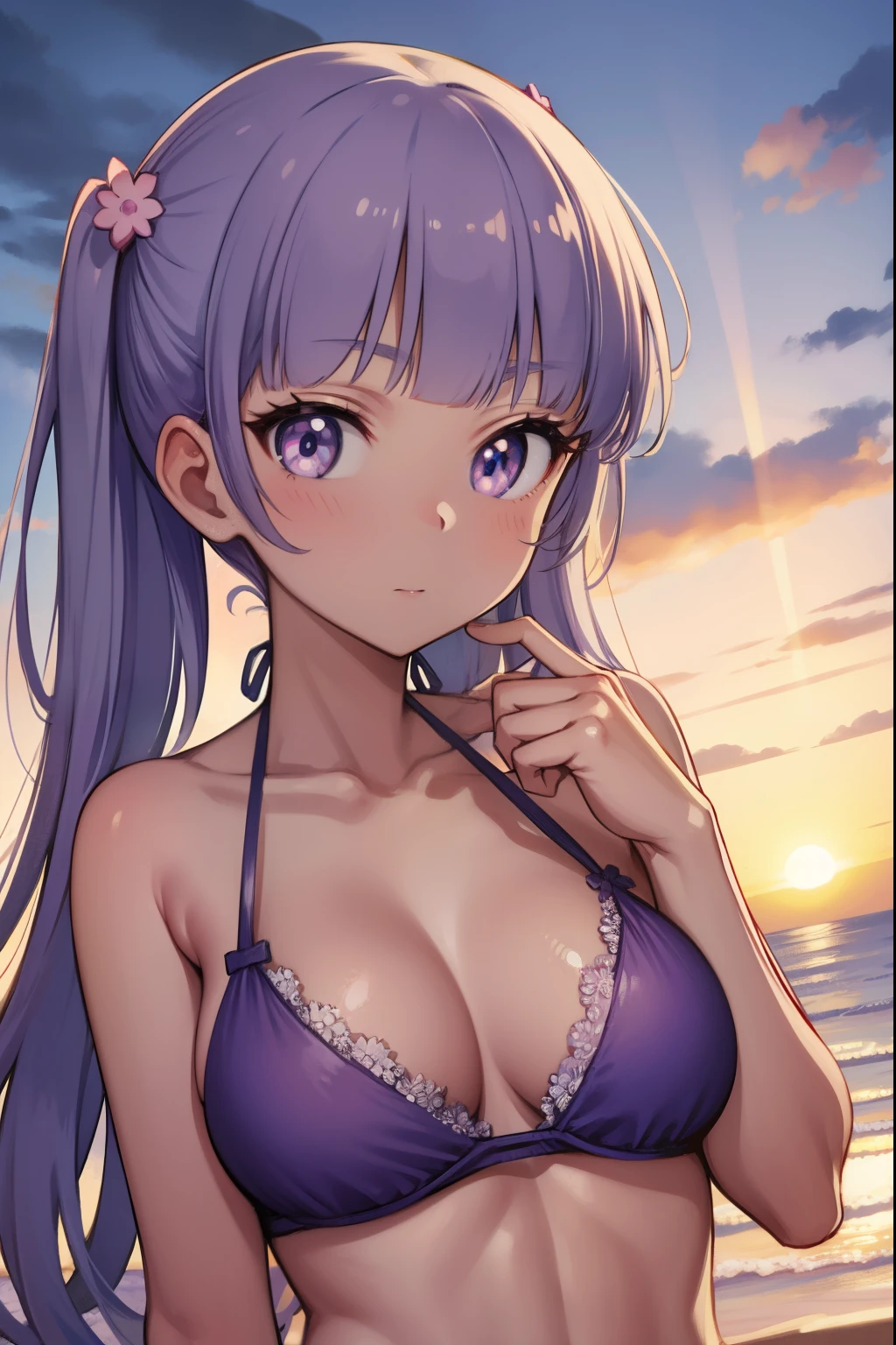 aobasuzukaze, aoba suzukaze, eyebrows, hair ornament, long hair, (purple eyes:1.1), purple hair, twintaillat chest:1.2),
BREAK bikini,
BREAK looking at viewer,
BREAK outdoors, beach,
BREAK (masterpiece:1.2), best quality, high resolution, unity 8k wallpaper, (illustration:0.8), (beautiful detailed eyes:1.6), extremely detailed face, perfect lighting, extremely detailed CG, (perfect hands, perfect anatomy),