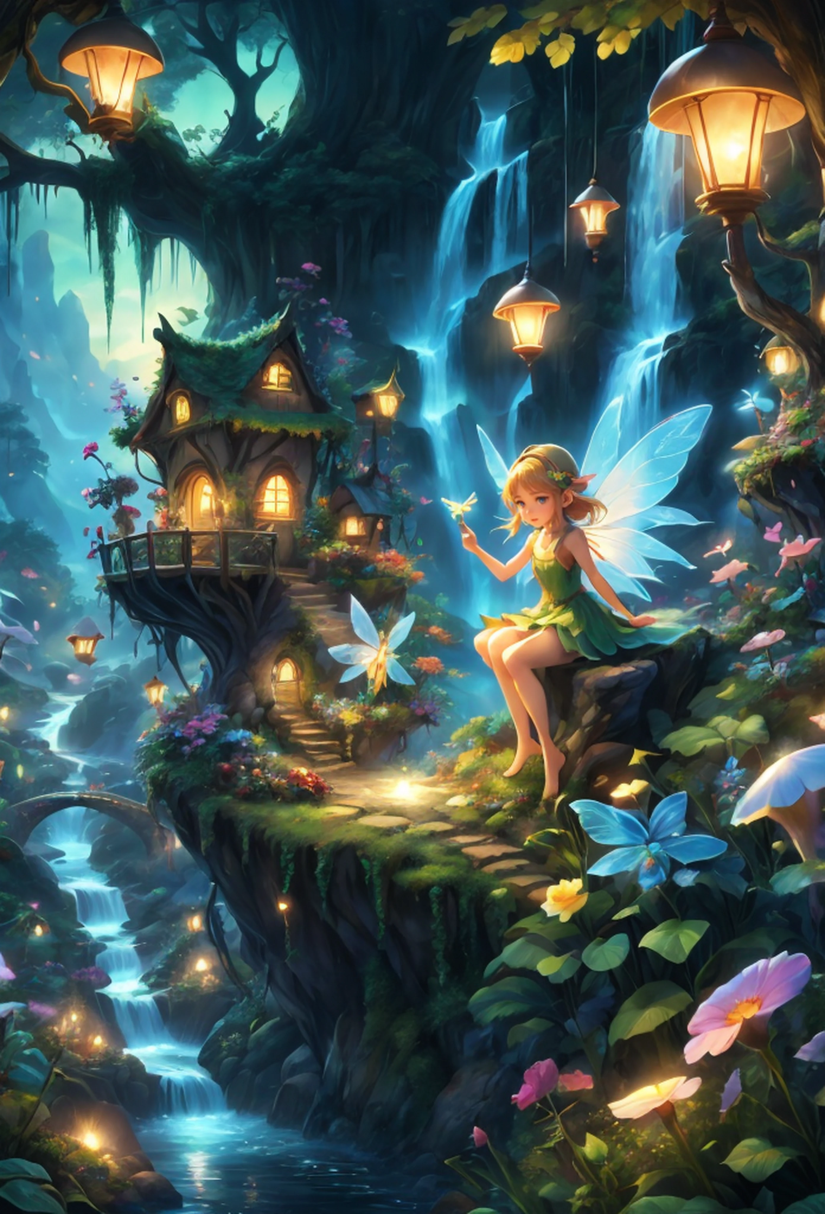(best quality,4k,8k,highres,masterpiece:1.2), ultra-detailed, realistic, 8k, cliff, fairy village, fairies, cute fairy, fantasy world, fantasy, village, lamp, flowers, forest, fantasy art