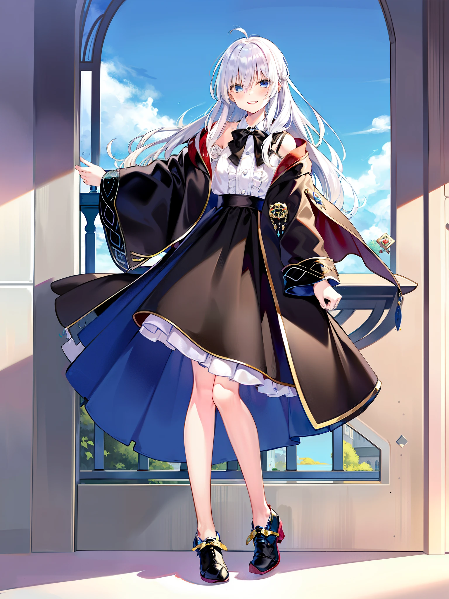 (masterpiece, best quality, highres),, solo, long hair, sky, shirt, skirt, cloud, blue eyes, long white hair, smile, black footwear, white shirt, sidesaddle, black transparent skirt , robe, neck bowtie, yellow bowtie, looking away from the viewer, a little blushed face, shoes, classic shoes, full body, yellow bow, open clothes, high heels, bare shoulders, :d, collared shirt, bare legs, best hair bundle, white hair, standing, fullbody, room of hogwarts castle, standing in the room of castle, talking to me and i asked her "hows your journey today miss Elaina"